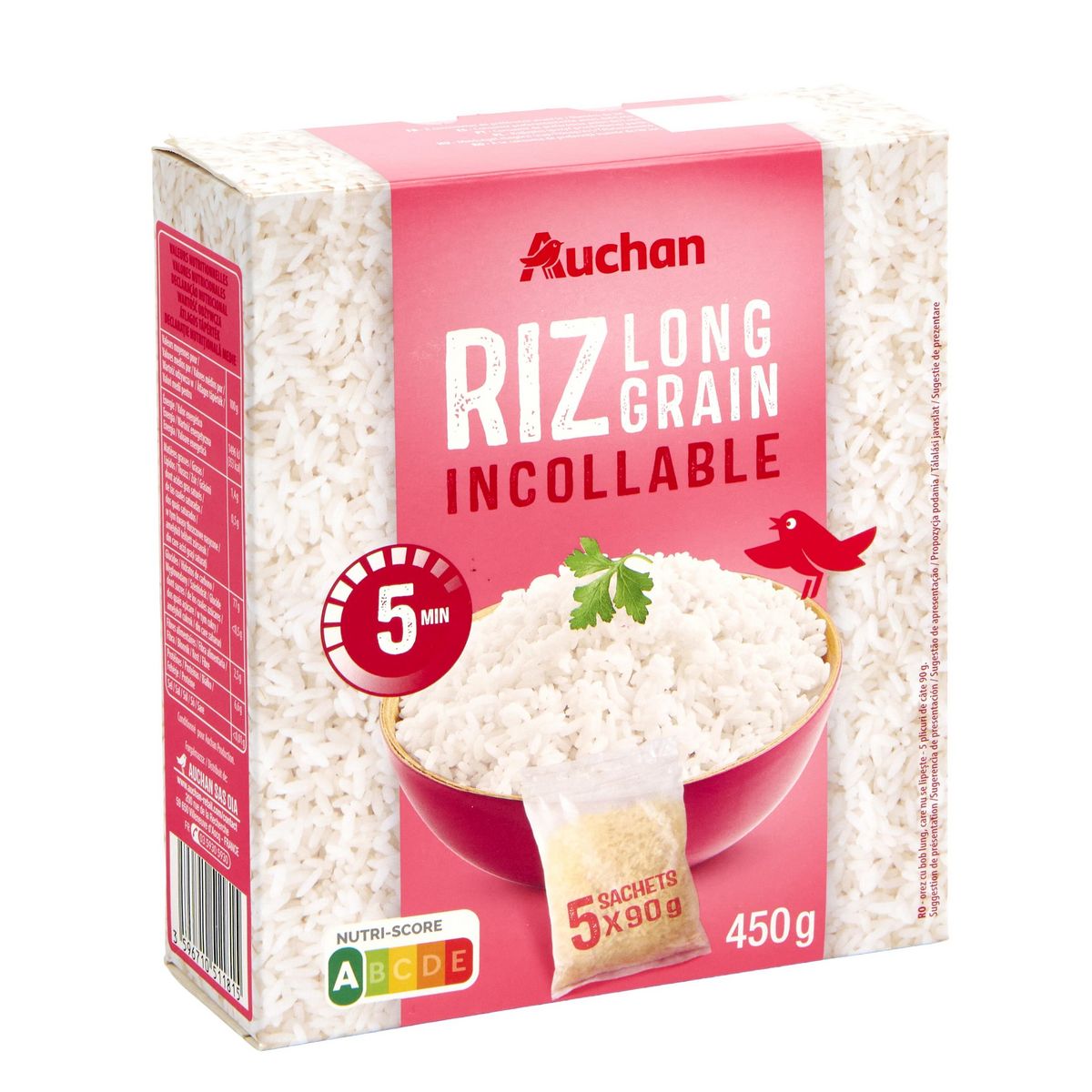 AUCHAN Riz long grain incollable en sachets 5 sachets 5x90g