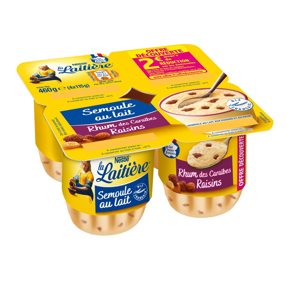 LA LAITIERE Semoule au lait au rhum et raisins 4x115g