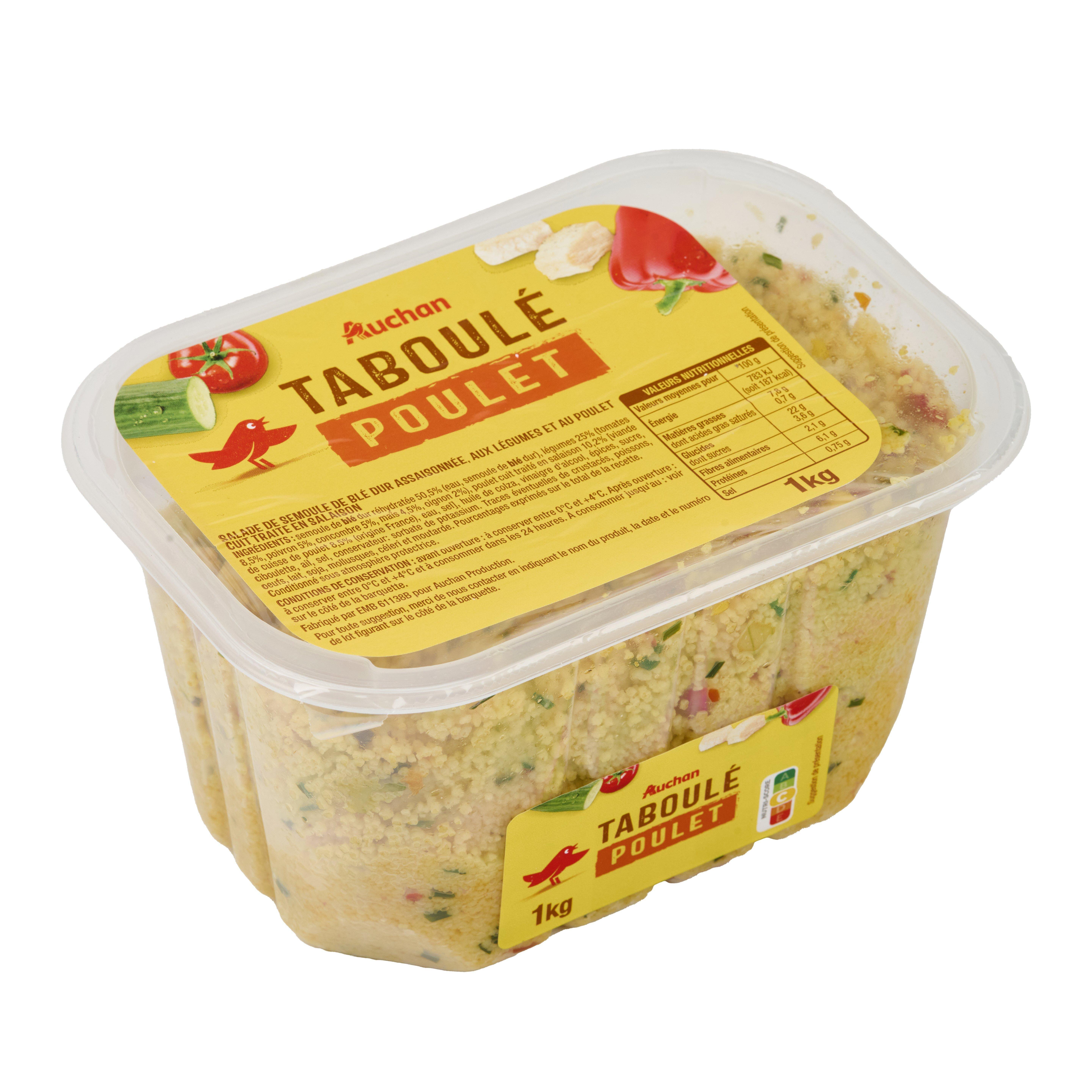 Voir la diapositive 2 : AUCHAN Taboulé au poulet 10 parts 1kg