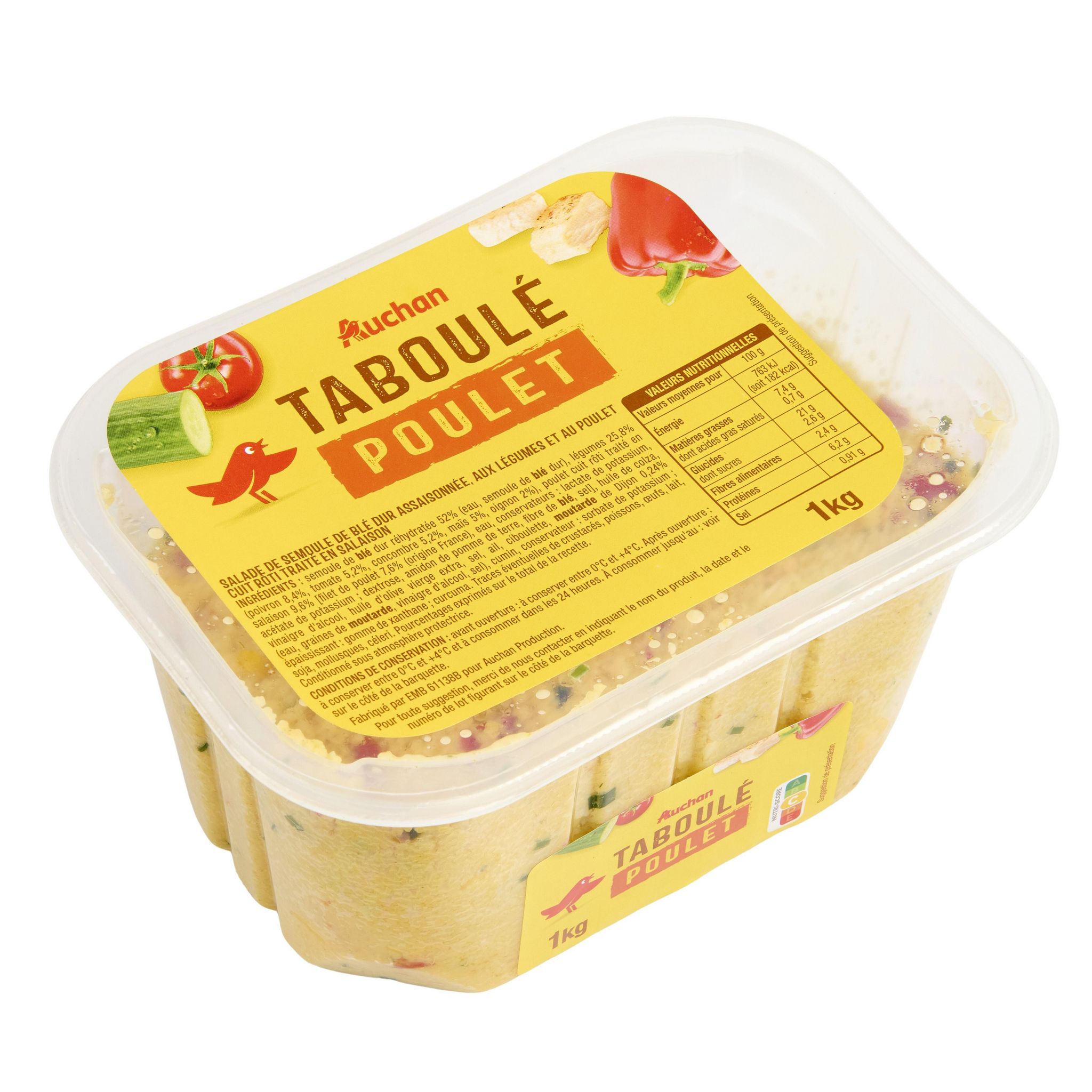 Voir la diapositive 2 : AUCHAN Taboulé au poulet 10 parts 1kg