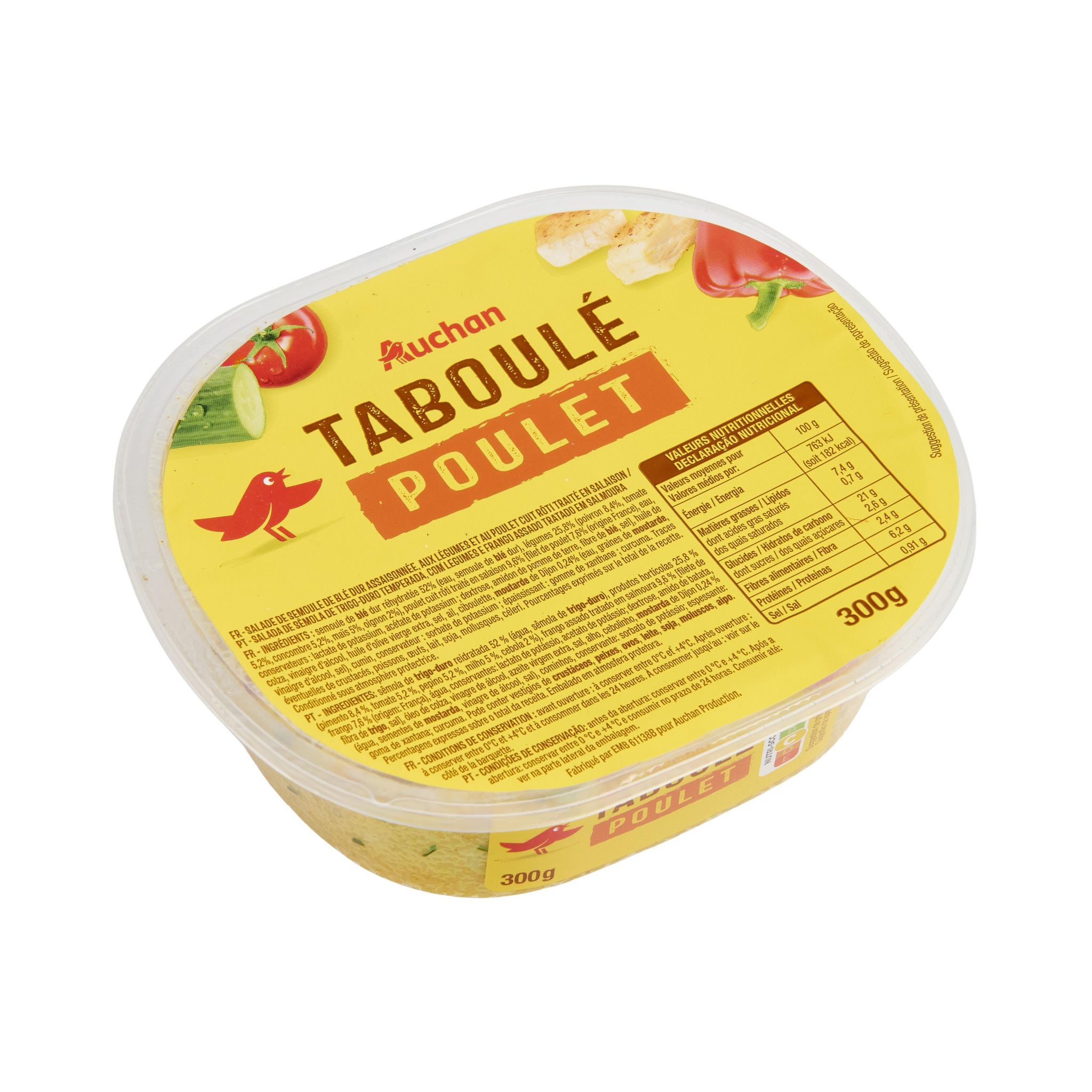 Voir la diapositive 2 : AUCHAN Taboulé au poulet 3 parts 300g
