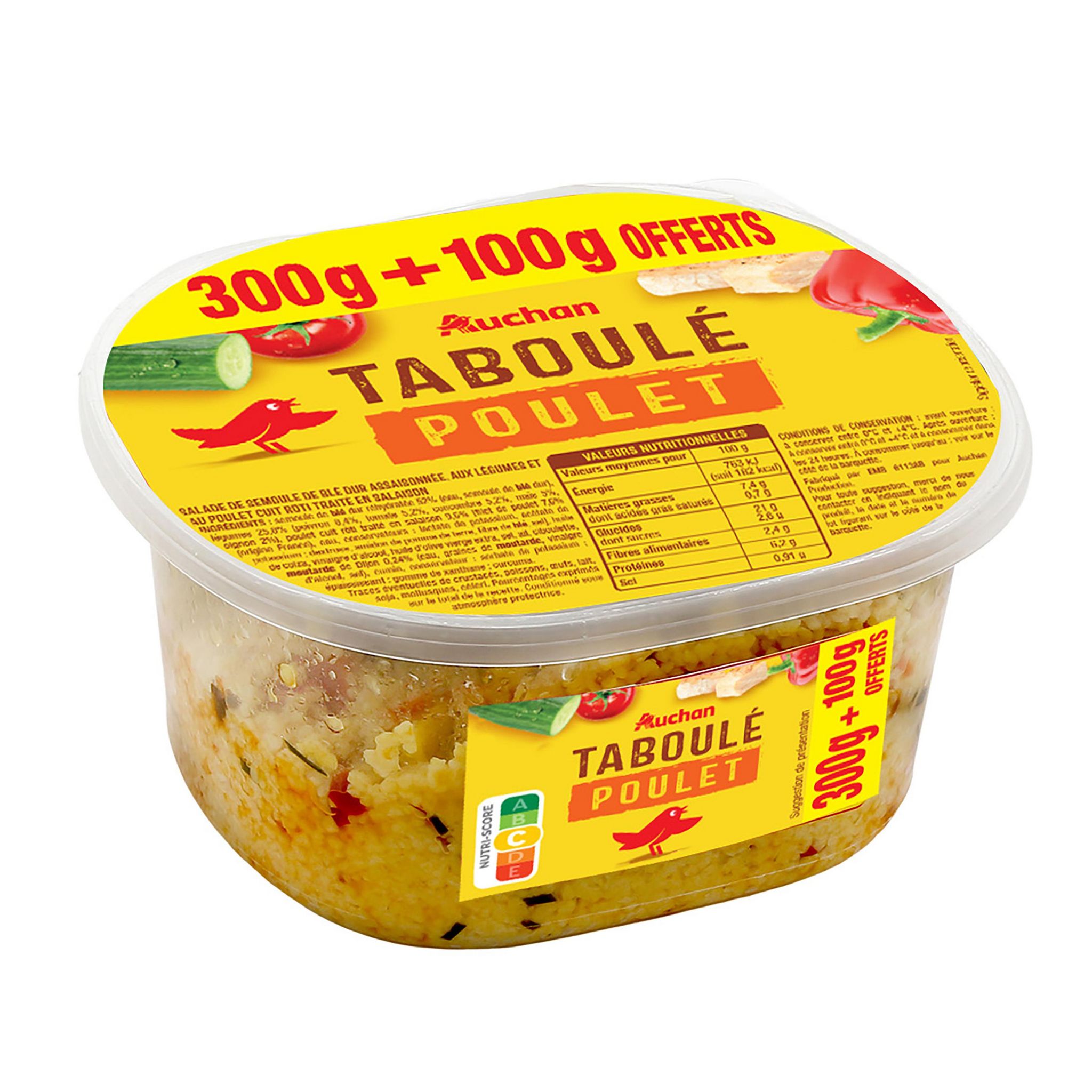 Voir la diapositive 2 : AUCHAN Taboulé au poulet 4 parts 300g + 100g offert