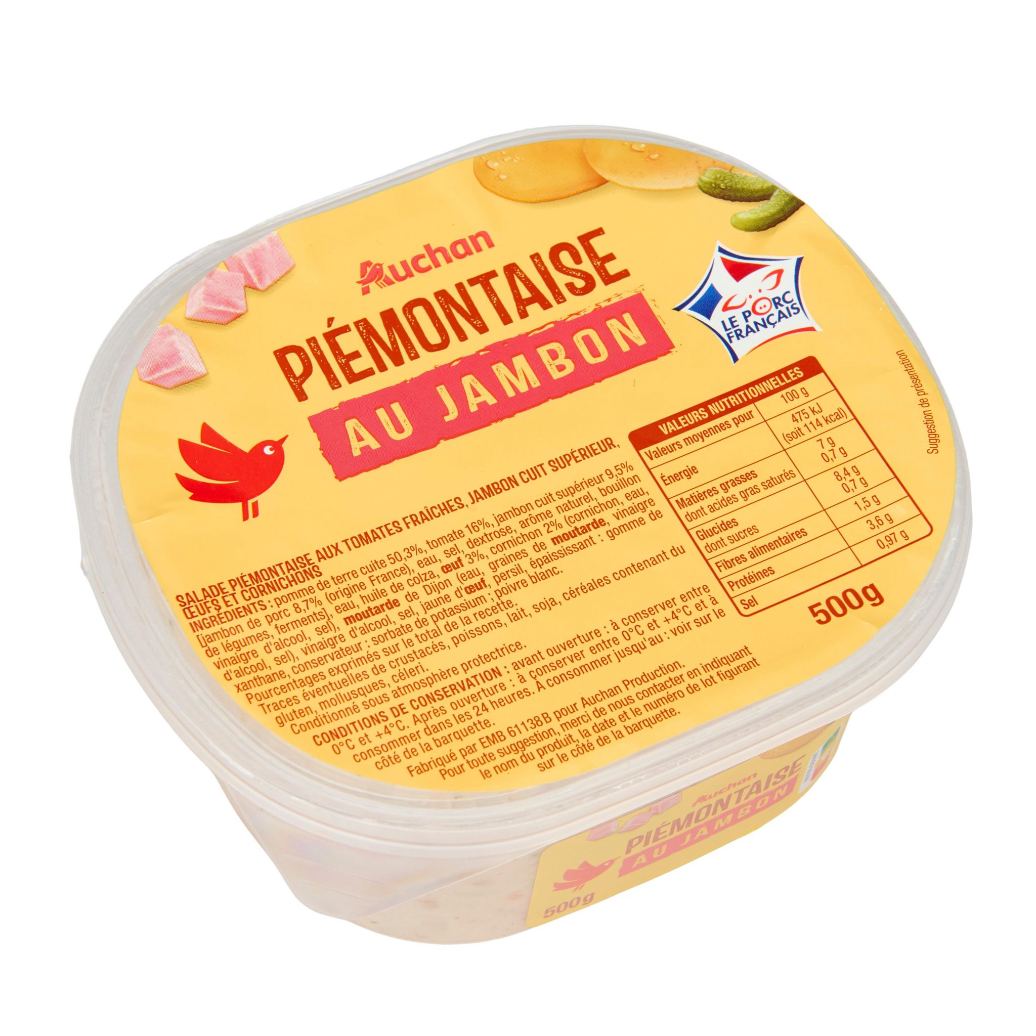 Voir la diapositive 2 : AUCHAN Piémontaise au jambon 5 parts 500g