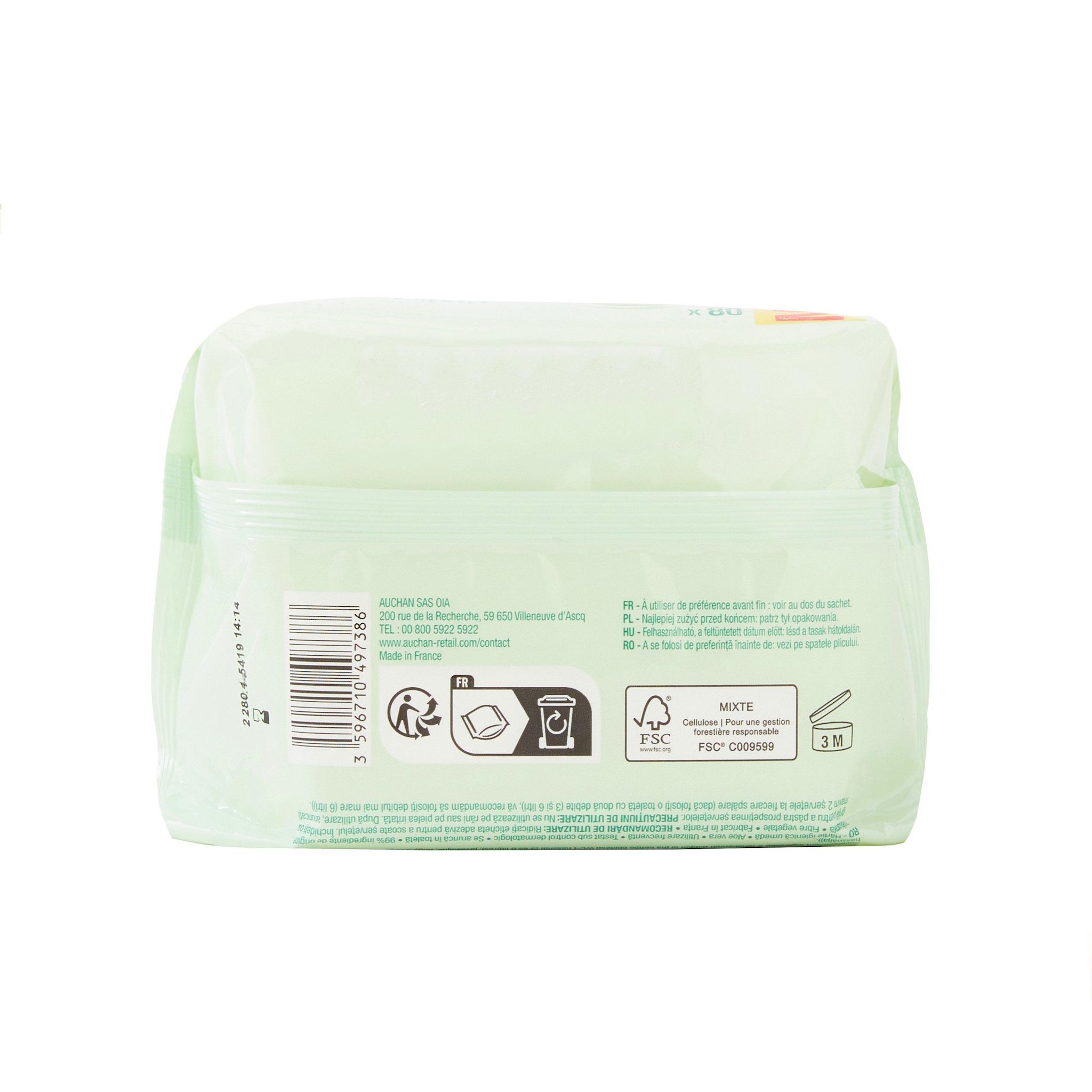 Voir la diapositive 3 : AUCHAN Lingettes papier toilette aloe vera 80 lingettes