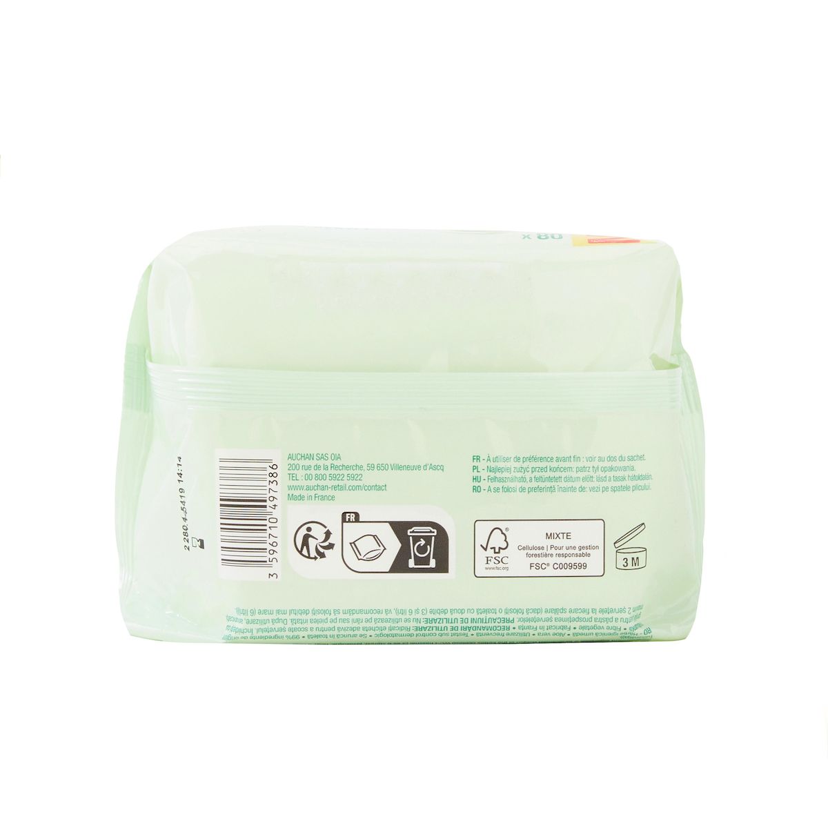 AUCHAN Lingettes papier toilette aloe vera 80 lingettes