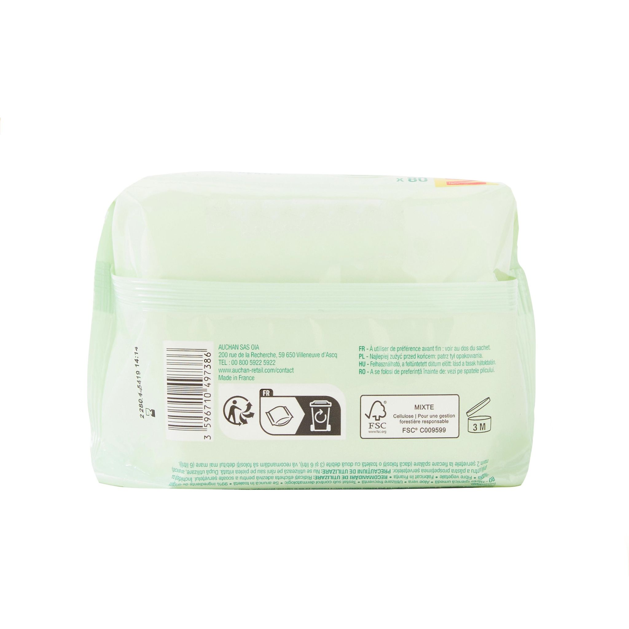 Voir la diapositive 4 : AUCHAN Lingettes papier toilette aloe vera 80 lingettes