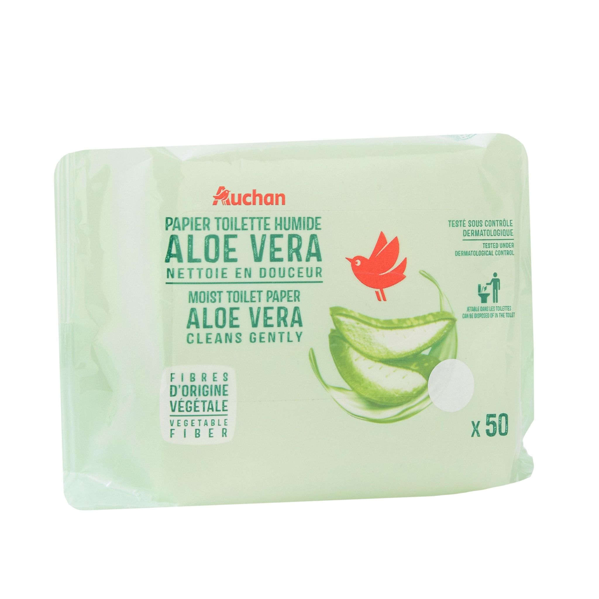 Voir la diapositive 2 : AUCHAN Lingettes papier toilette aloe Vera 50 lingettes