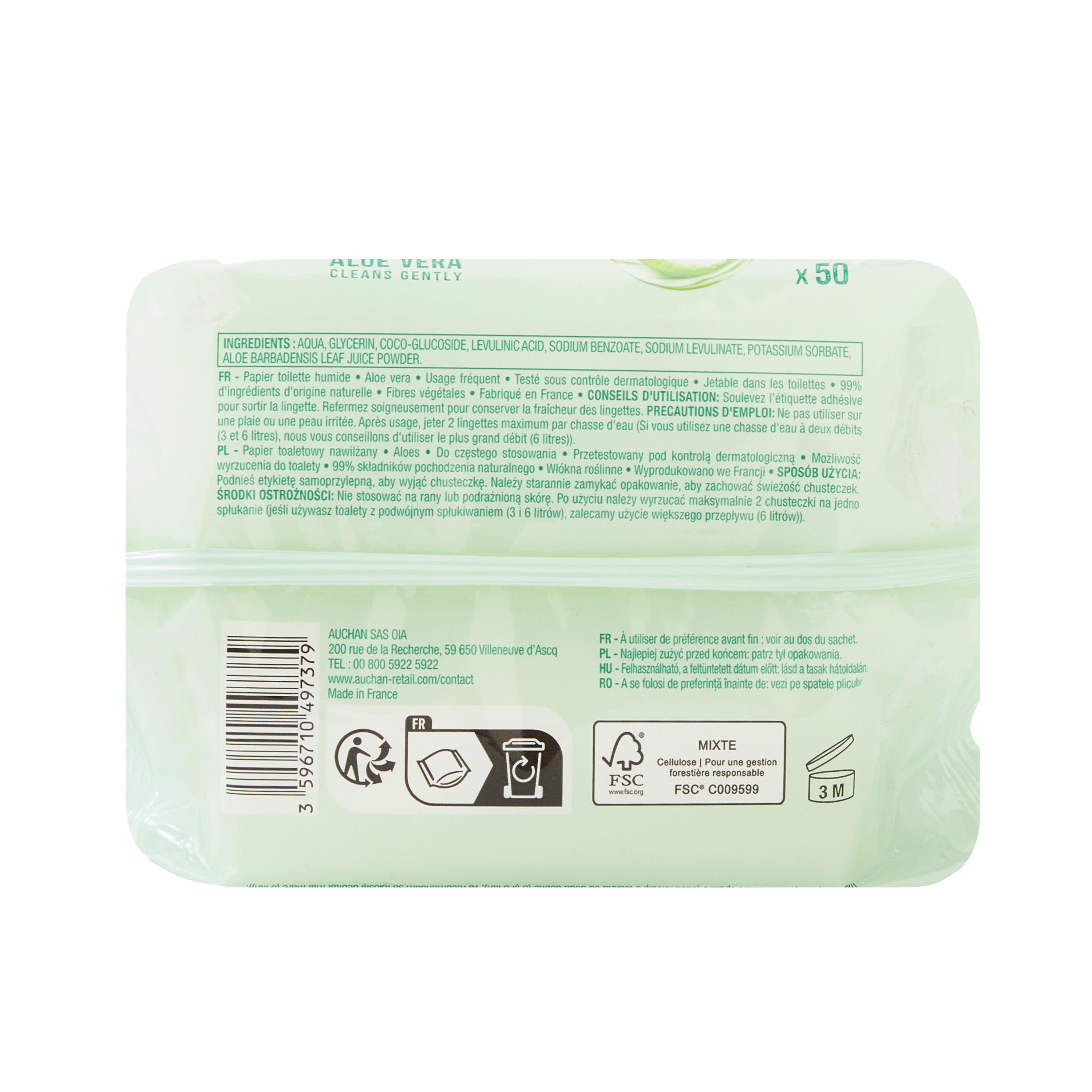 Voir la diapositive 4 : AUCHAN Lingettes papier toilette aloe Vera 50 lingettes