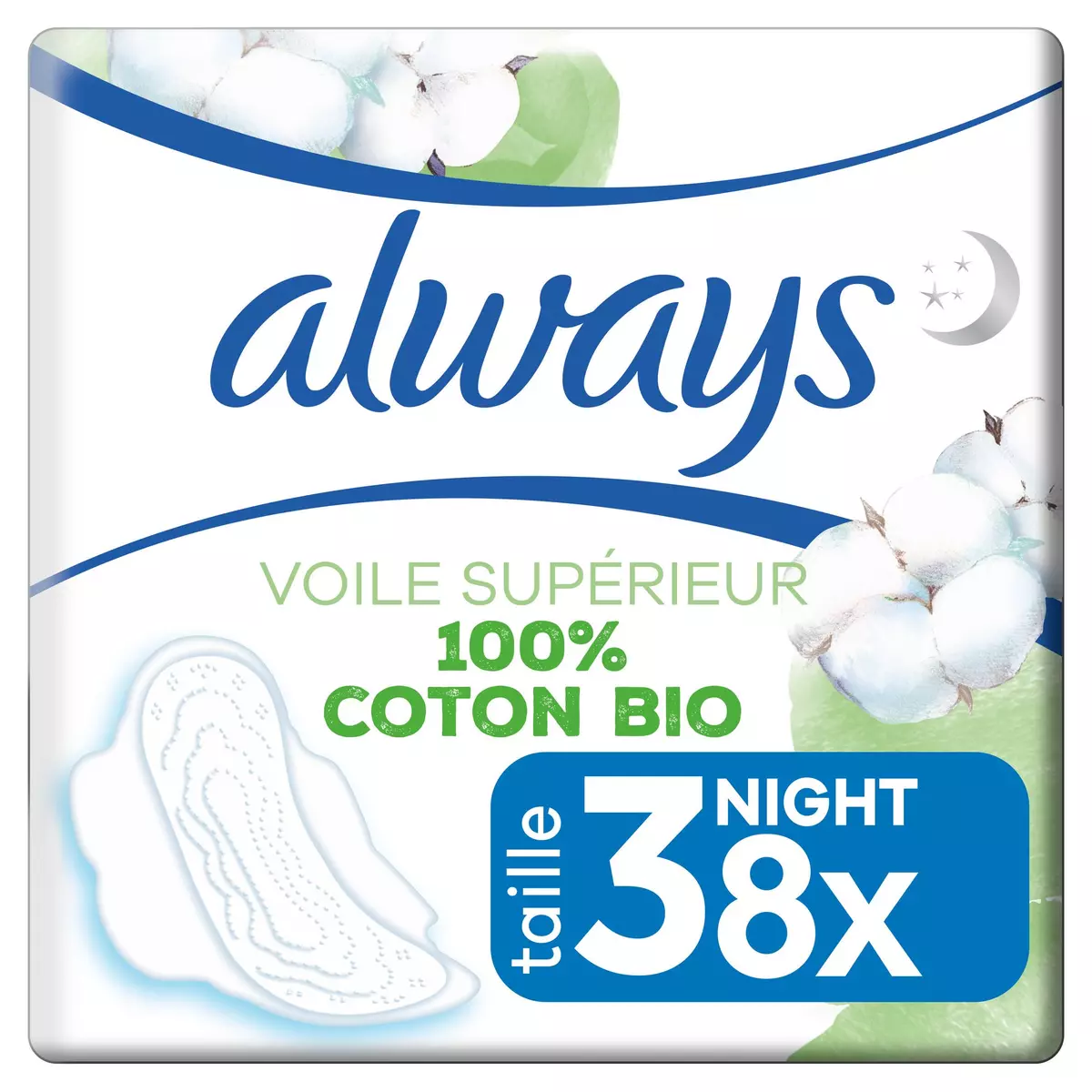 ALWAYS Serviettes hygiéniques coton bio nuit avec ailettes 8 serviettes