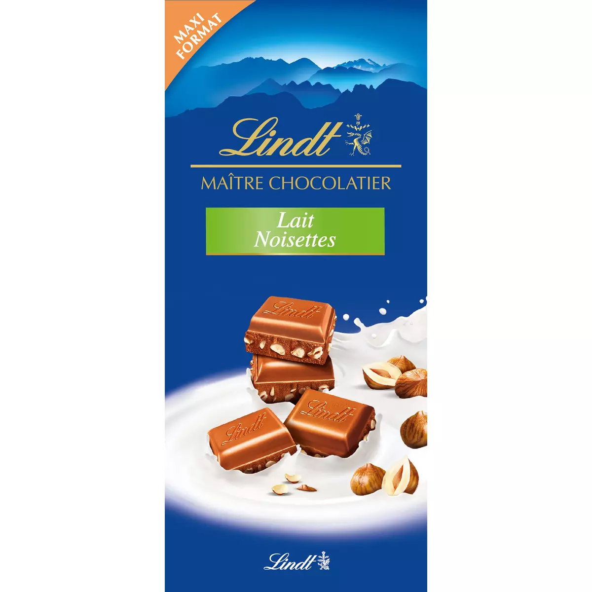 LINDT Tablette de chocolat au lait et noisettes 1 pièce 190g
