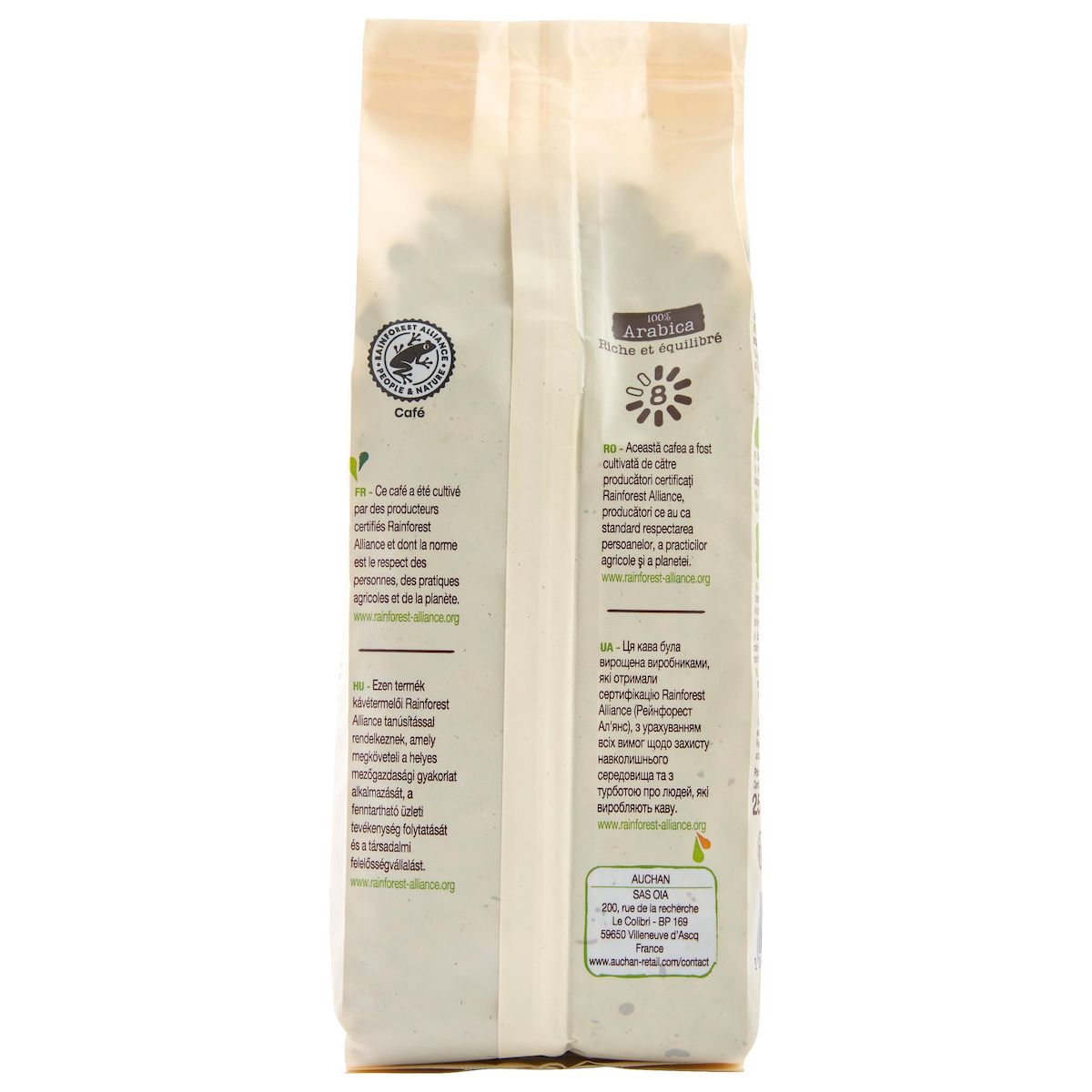 AUCHAN BIO Café en grains riche et équilibré pur arabica 250g