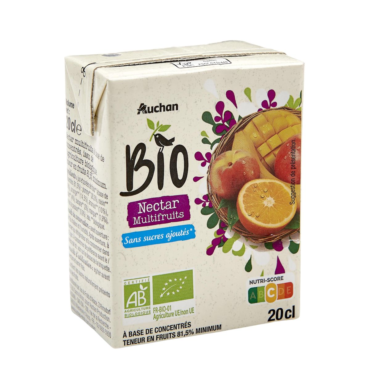 AUCHAN BIO Nectar multifruits sans sucres ajoutés en briquette bio 20cl
