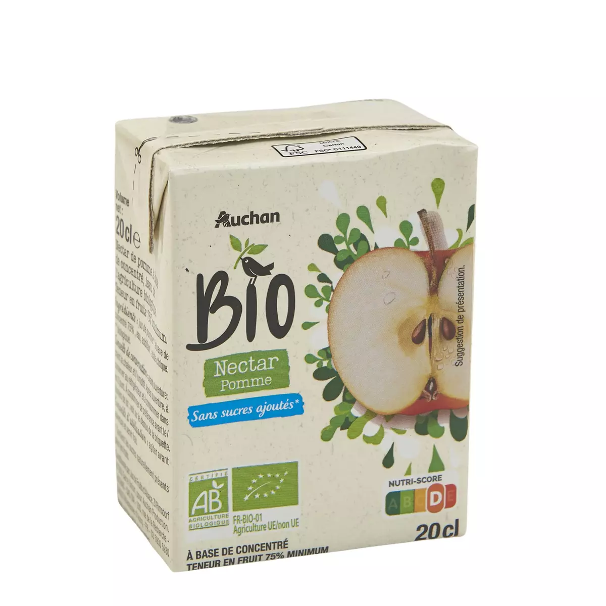 AUCHAN BIO Nectar de pomme sans sucres ajoutés en briquette bio 20cl