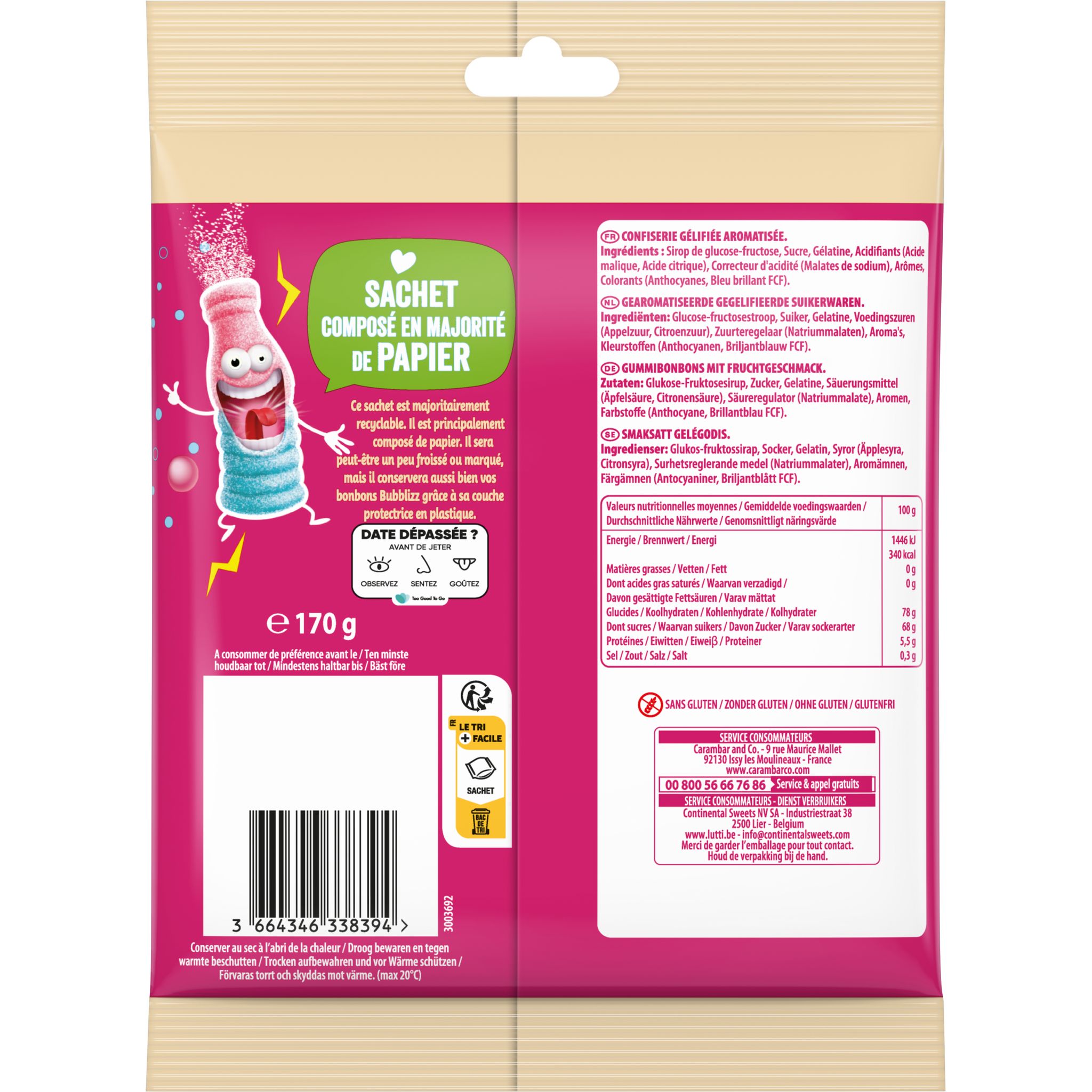 Voir la diapositive 2 : LUTTI Bubblizz original bonbons pétillants goût bubble gum 170g