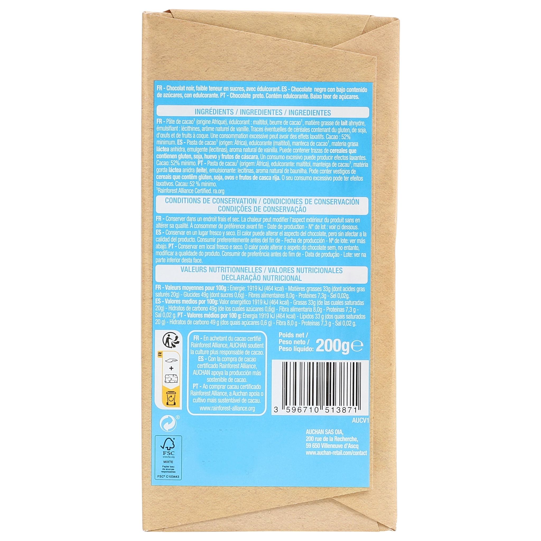 Voir la diapositive 2 : AUCHAN Tablette de chocolat noir dessert 52% faible teneur en sucre 1 pièce 200g