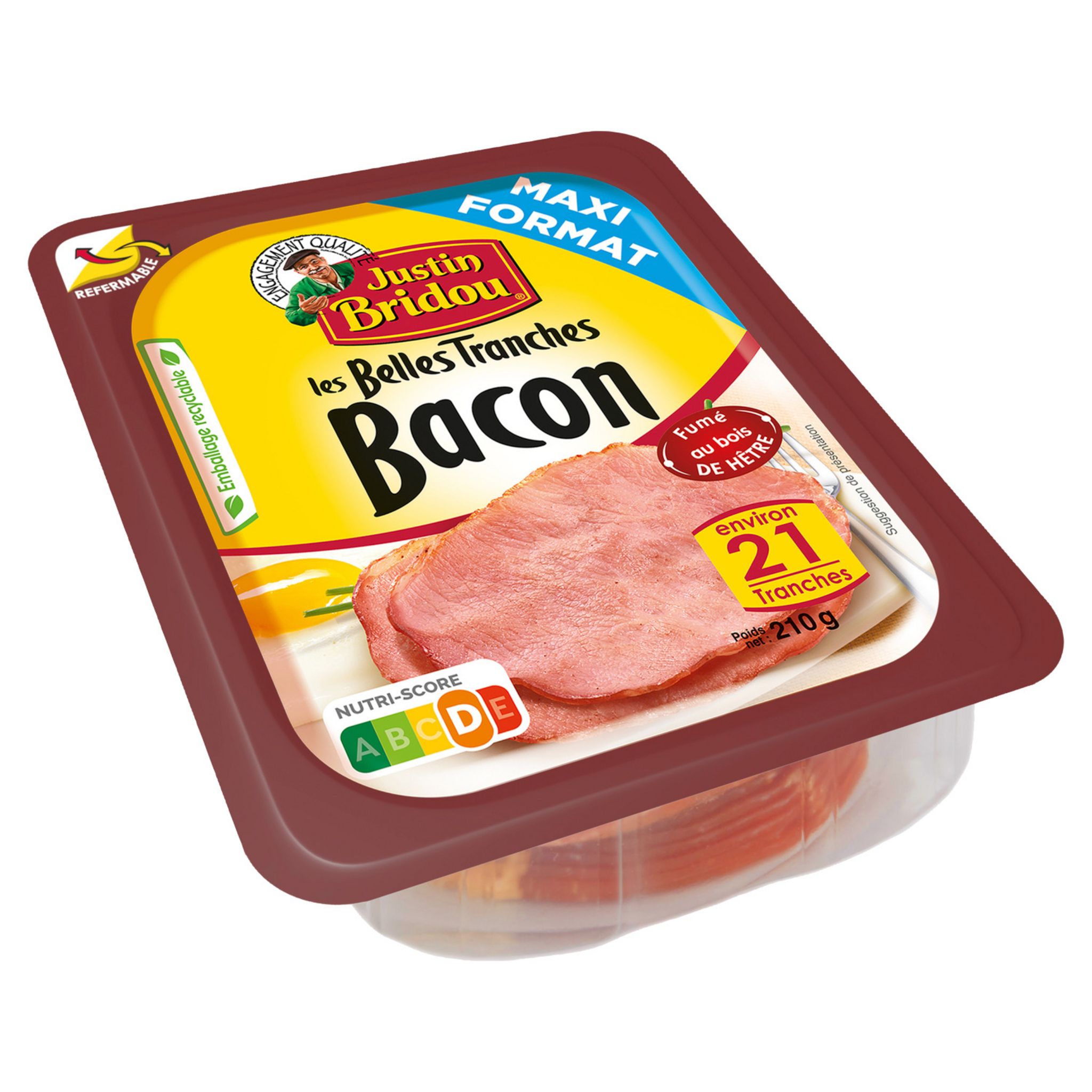 Voir la diapositive 2 : JUSTIN BRIDOU Les belles tranches Bacon fumé au bois de hêtre 21 tranches 210g
