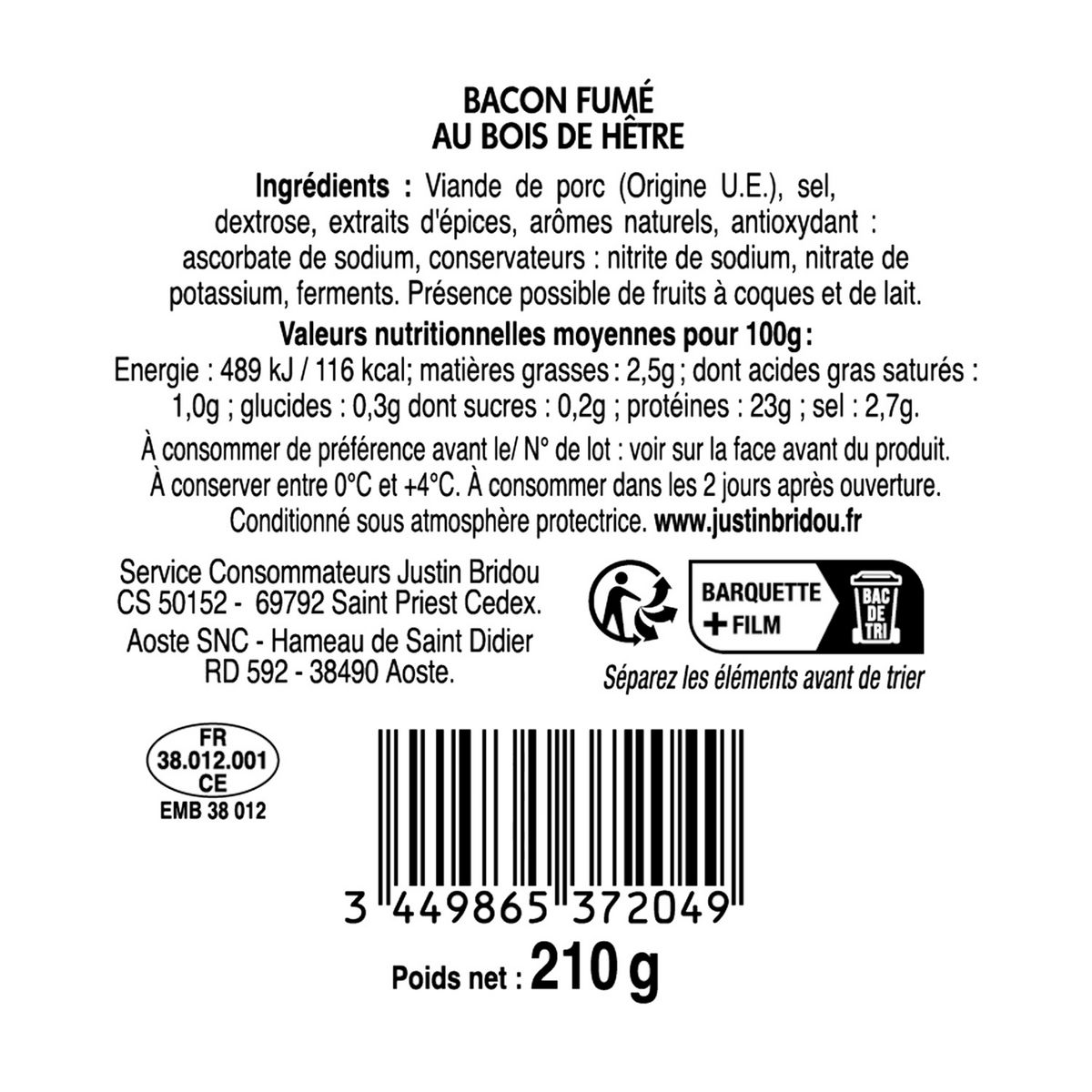 JUSTIN BRIDOU Les belles tranches Bacon fumé au bois de hêtre 21 tranches 210g