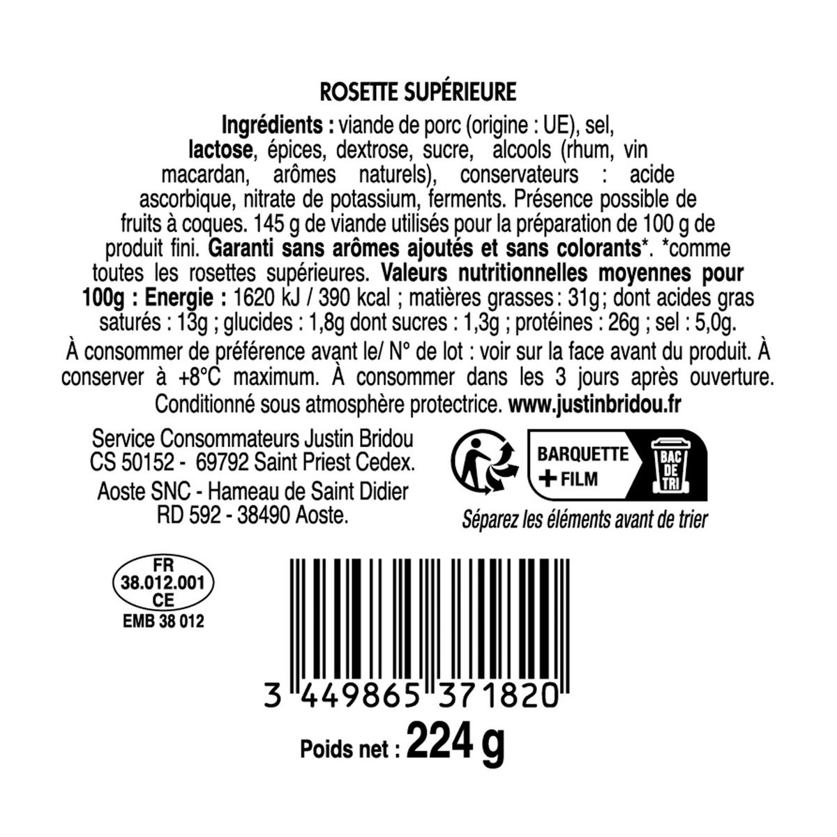 JUSTIN BRIDOU Les belles tranches Rosette pur porc 25 tranches 224g