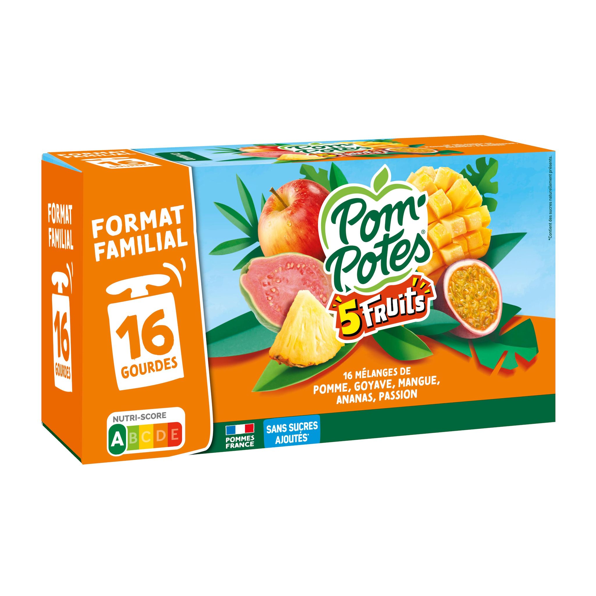 POM'POTES Gourdes compote de pomme goyave mangue ananas et passion sans sucres ajoutés 16x90g