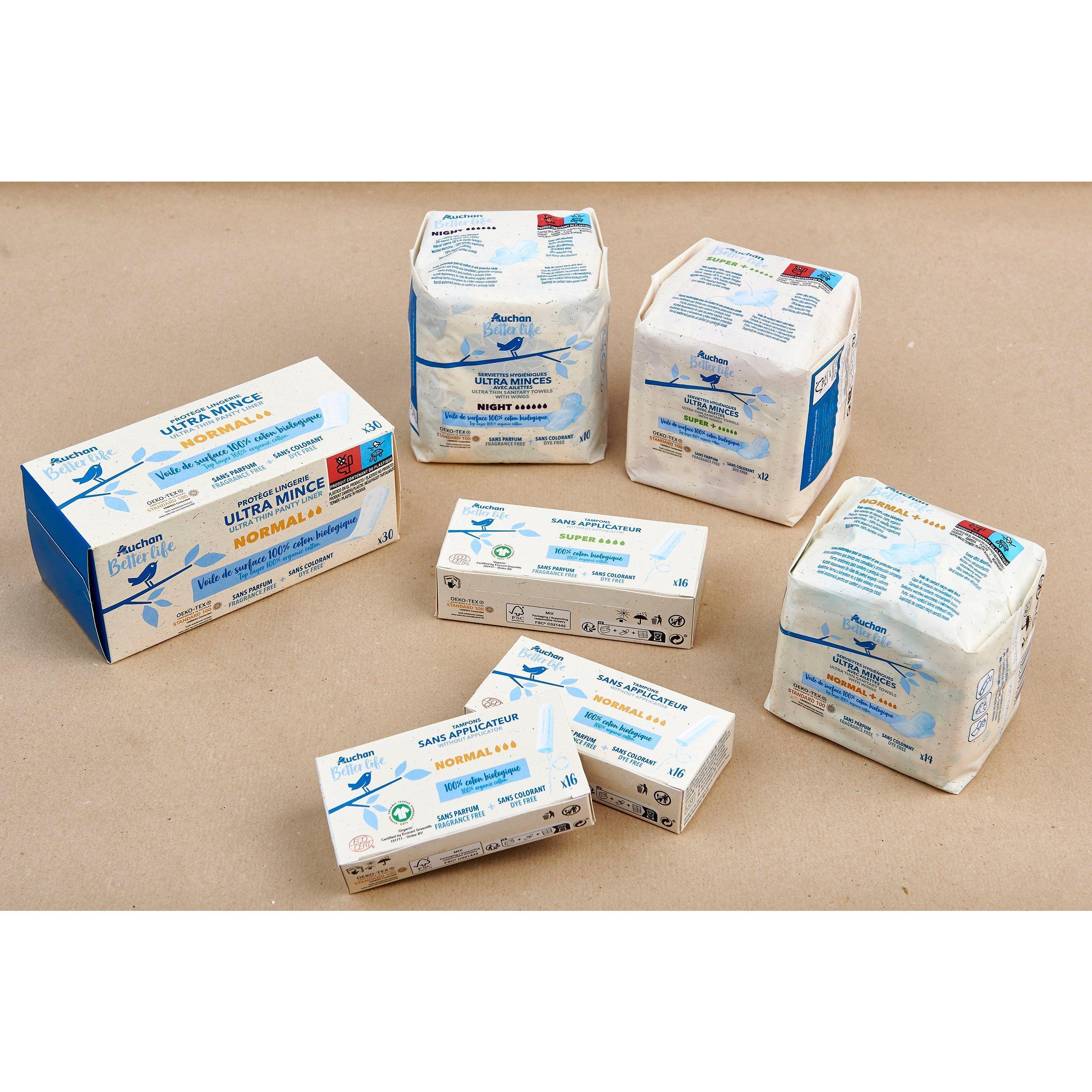 Voir la diapositive 2 : AUCHAN BETTER LIFE Serviettes hygiéniques ultra minces avec ailettes normal+ 14 serviettes