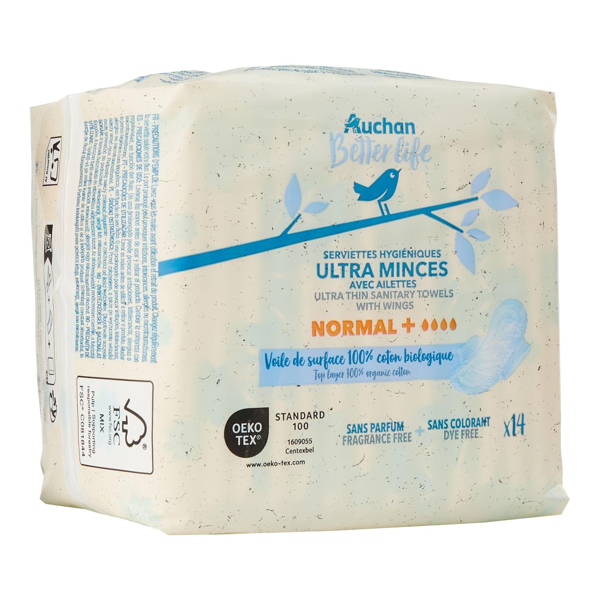 Voir la diapositive 3 : AUCHAN BETTER LIFE Serviettes hygiéniques ultra minces avec ailettes normal+ 14 serviettes