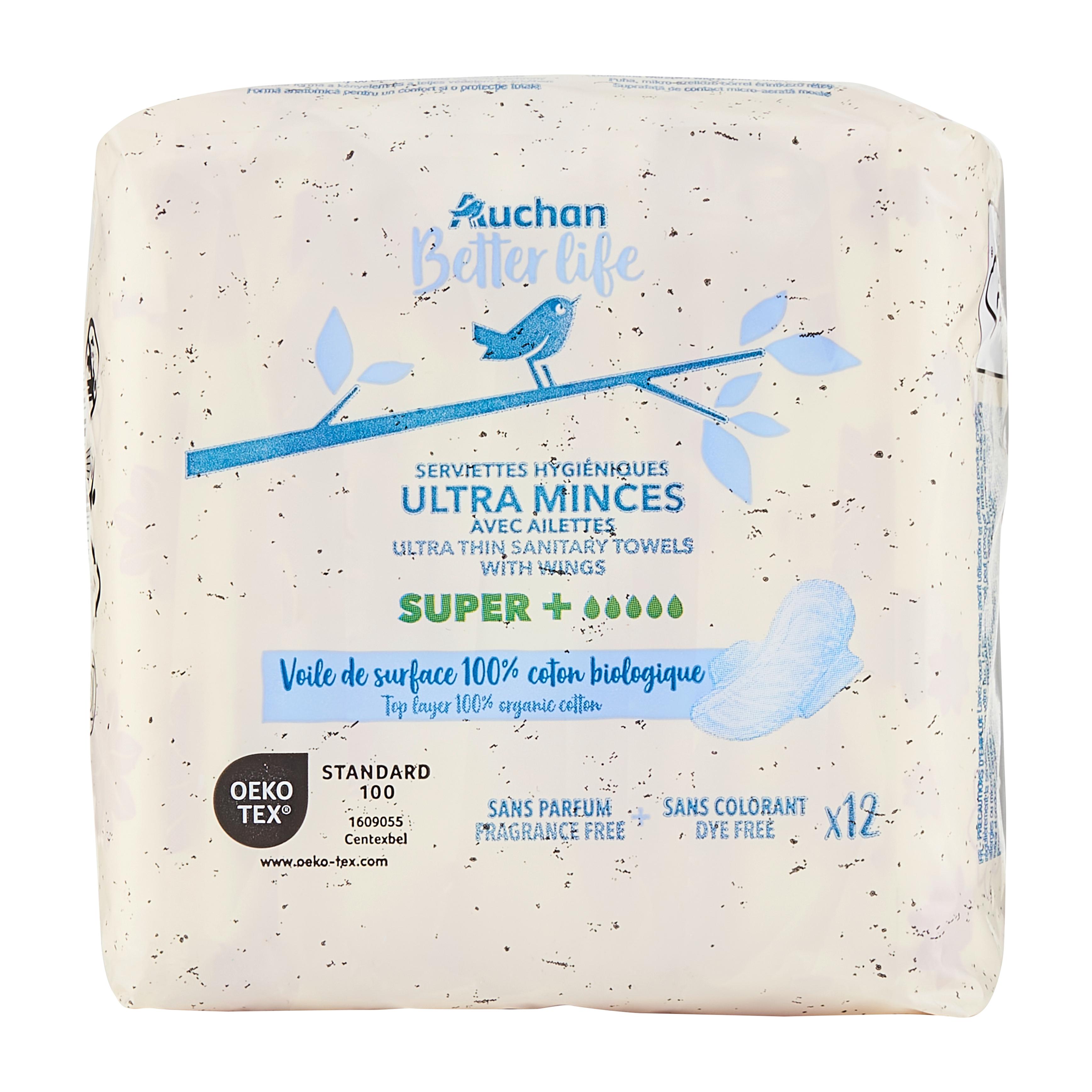 Voir la diapositive 2 : AUCHAN BETTER LIFE Serviettes hygiéniques en coton bio avec ailettes ultra minces super+ 12 serviettes