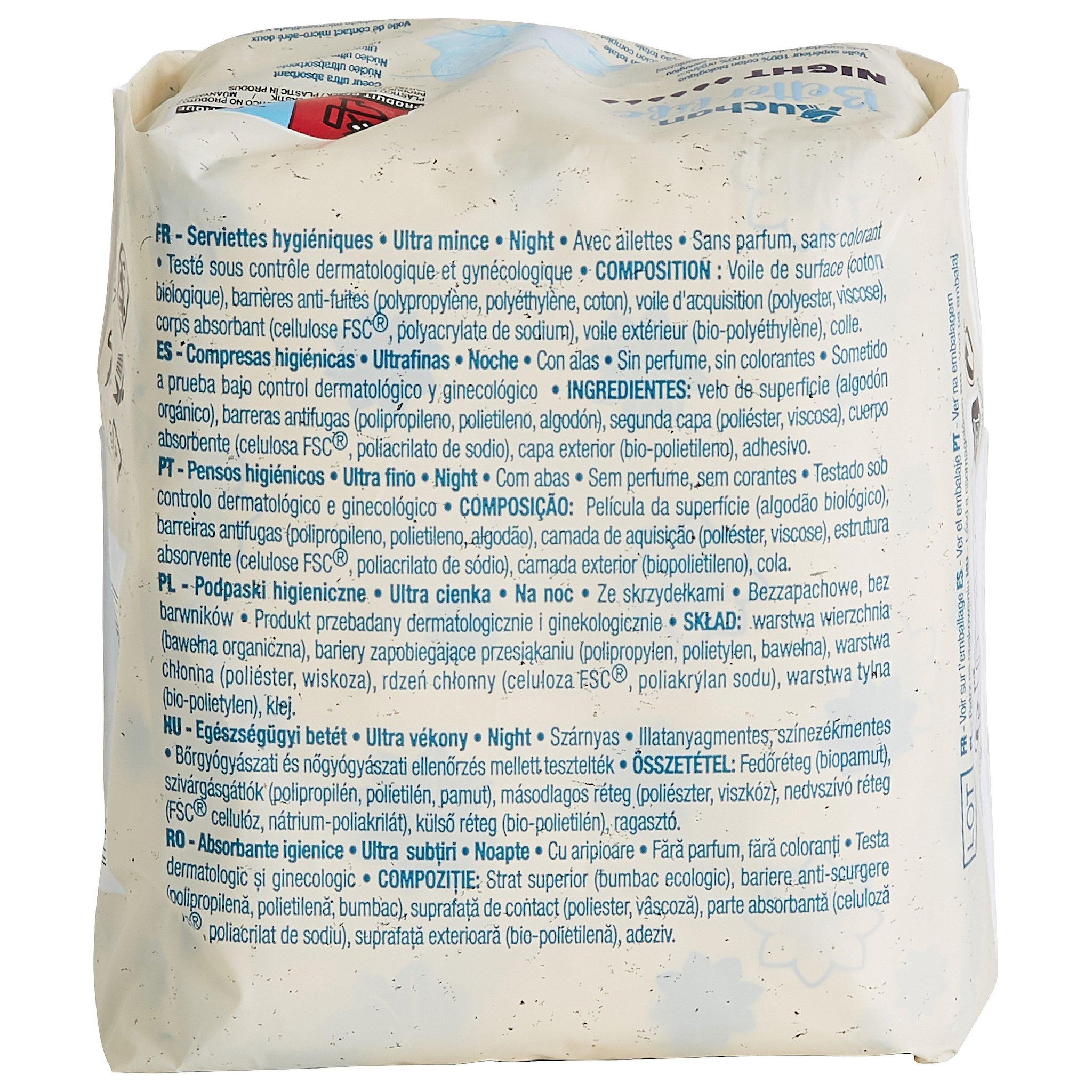 Voir la diapositive 2 : AUCHAN BETTER LIFE Serviettes hygiéniques ultra minces avec ailettes night 10 serviettes