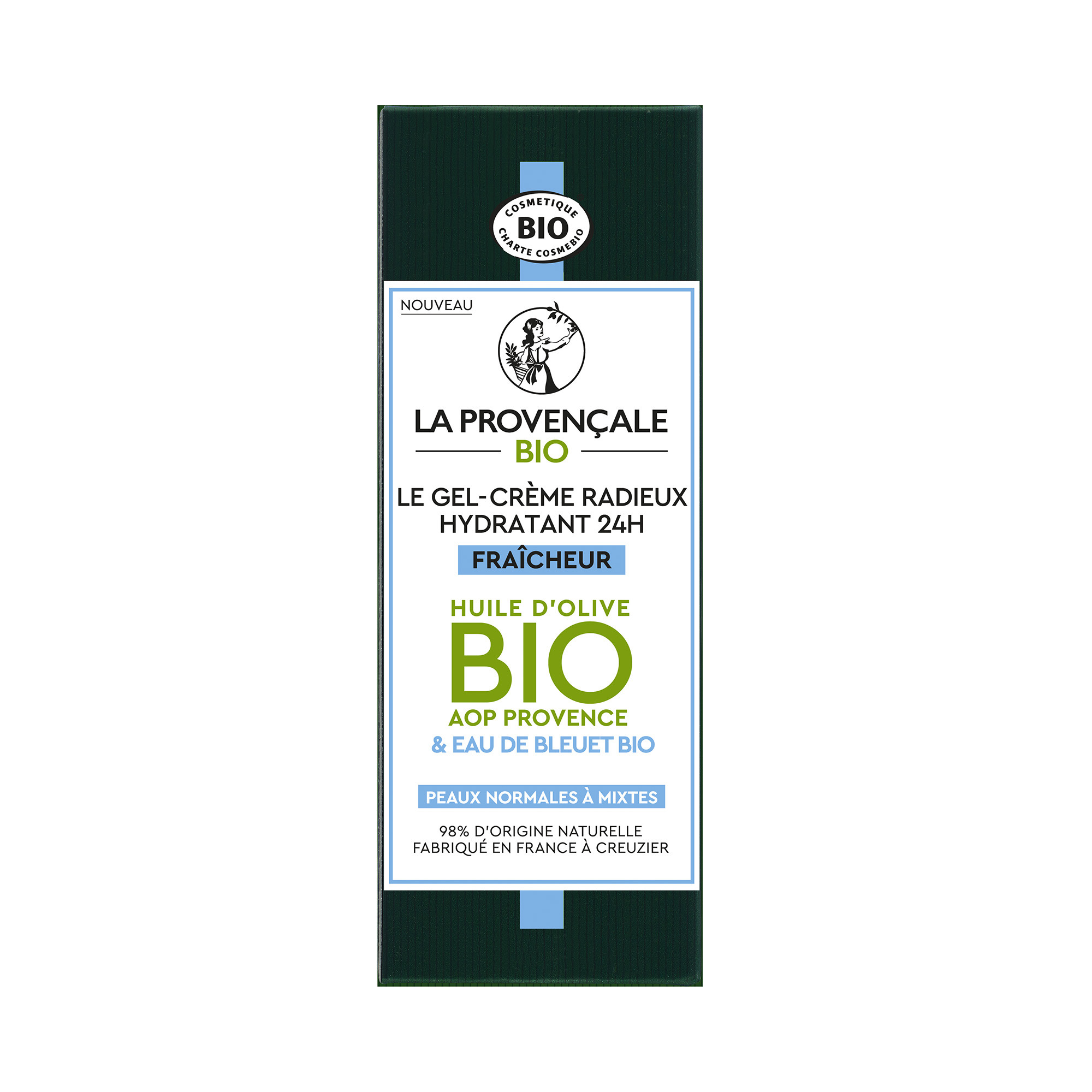Voir la diapositive 2 : LA PROVENÇALE BIO Le gel Crème radieux hydratant 24h fraîcheur à l'huile d'olive bio AOP Provence & eau de bleuet bio 50ml