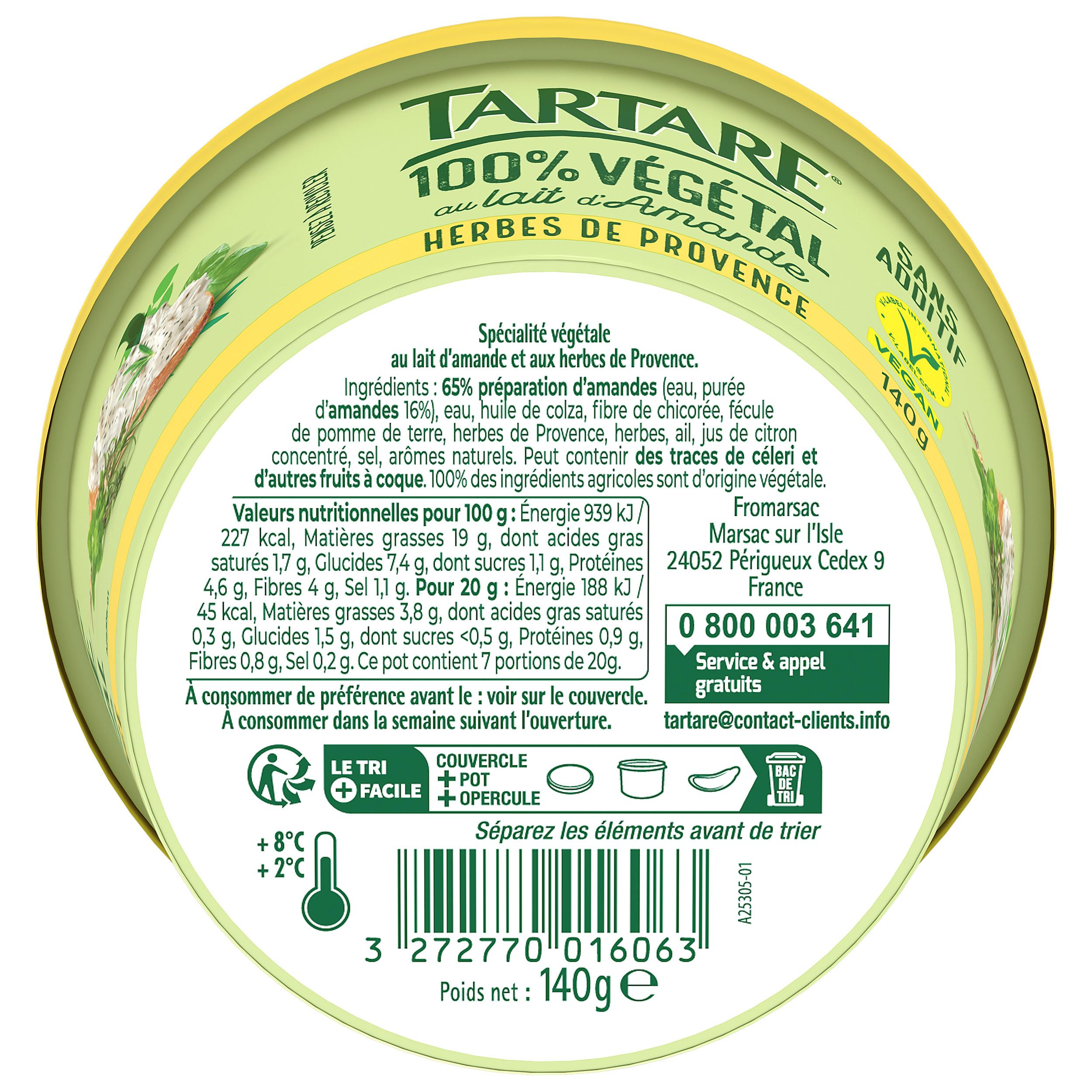 Voir la diapositive 3 : TARTARE Fromage à tartiner au lait d'amande et herbes de Provence 140g
