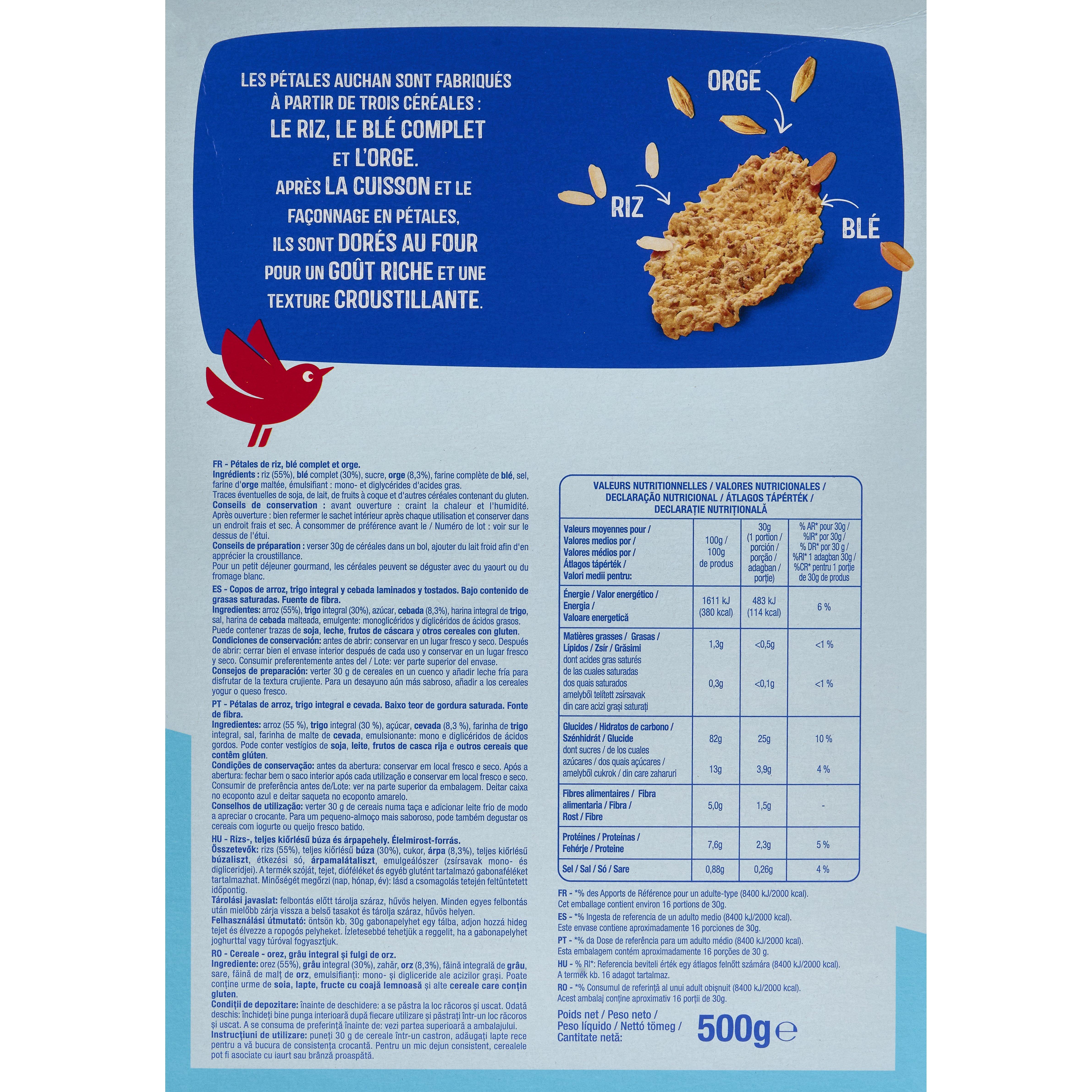 Voir la diapositive 3 : AUCHAN Céréales pétales de riz blé et orge 500g