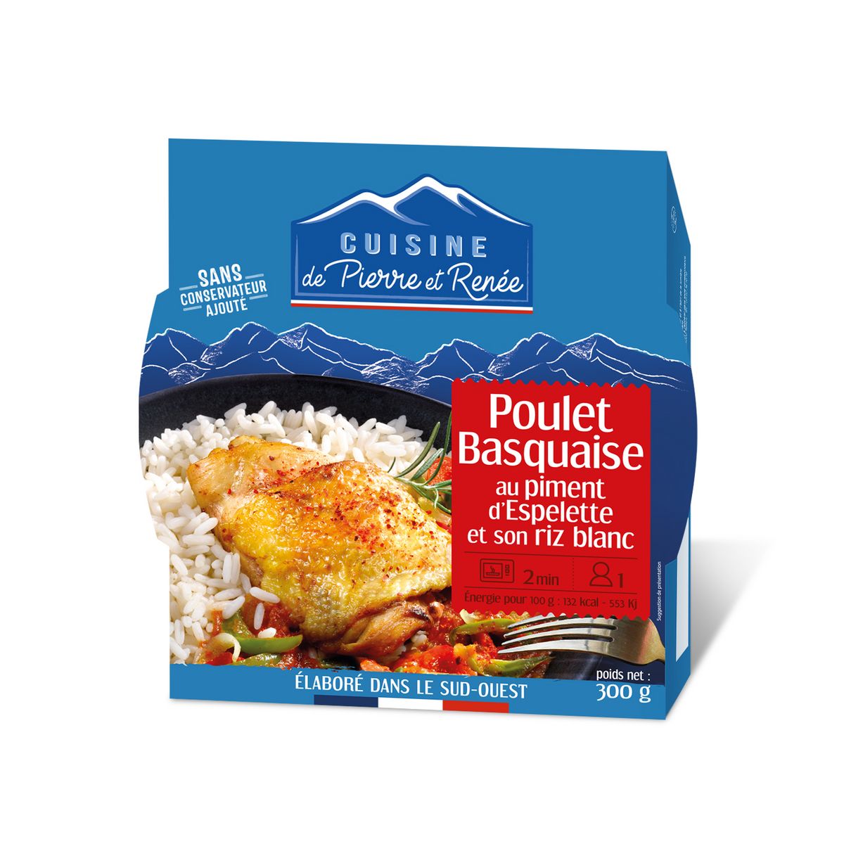 CUISINE DE PIERRE ET RENÉE Poulet basquaise au piment d'Espelette et riz blanc 1 personne 300g