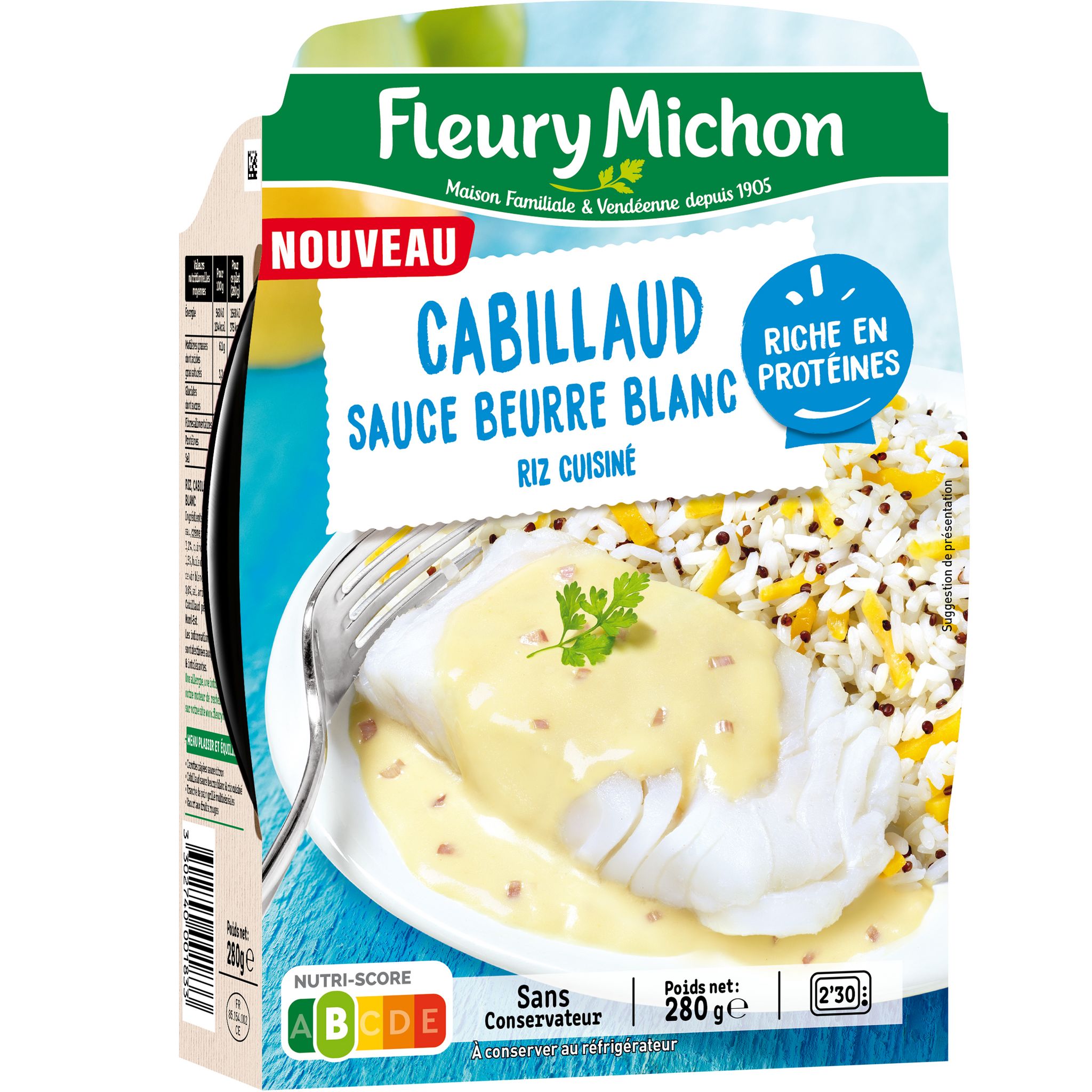Voir la diapositive 2 : FLEURY MICHON Cabillaud sauce beurre blanc et riz 1 part 280g