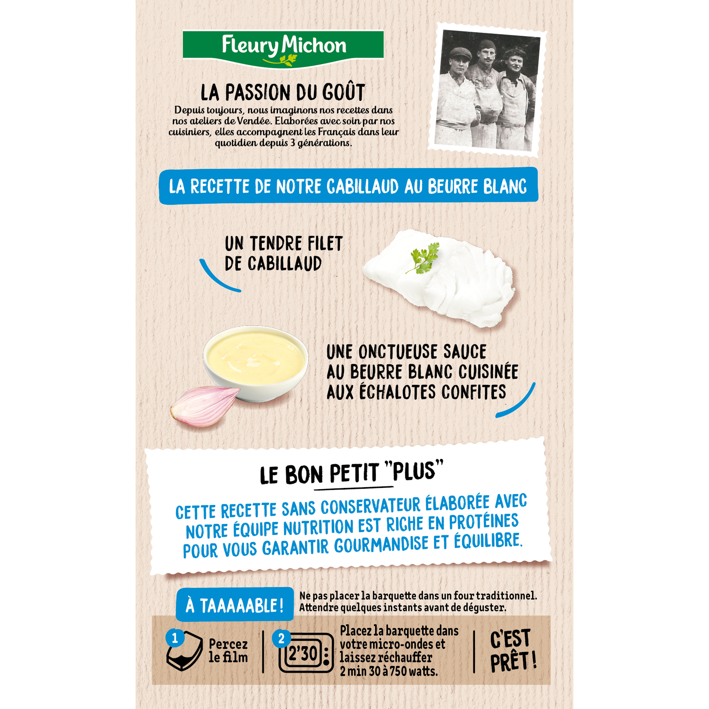 Voir la diapositive 4 : FLEURY MICHON Cabillaud sauce beurre blanc et riz 1 part 280g