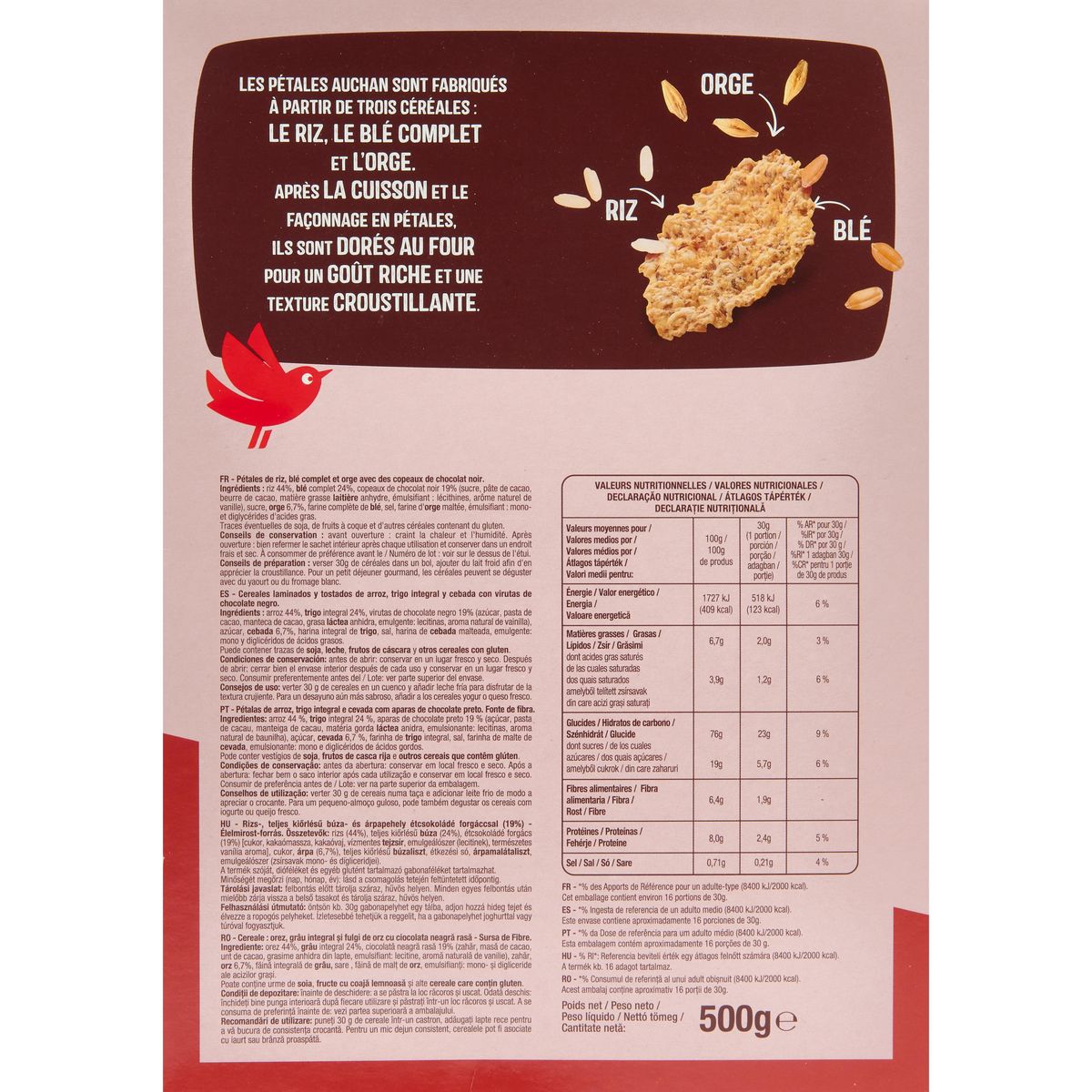 AUCHAN Pétales de riz blé orge chocolat noir 500g