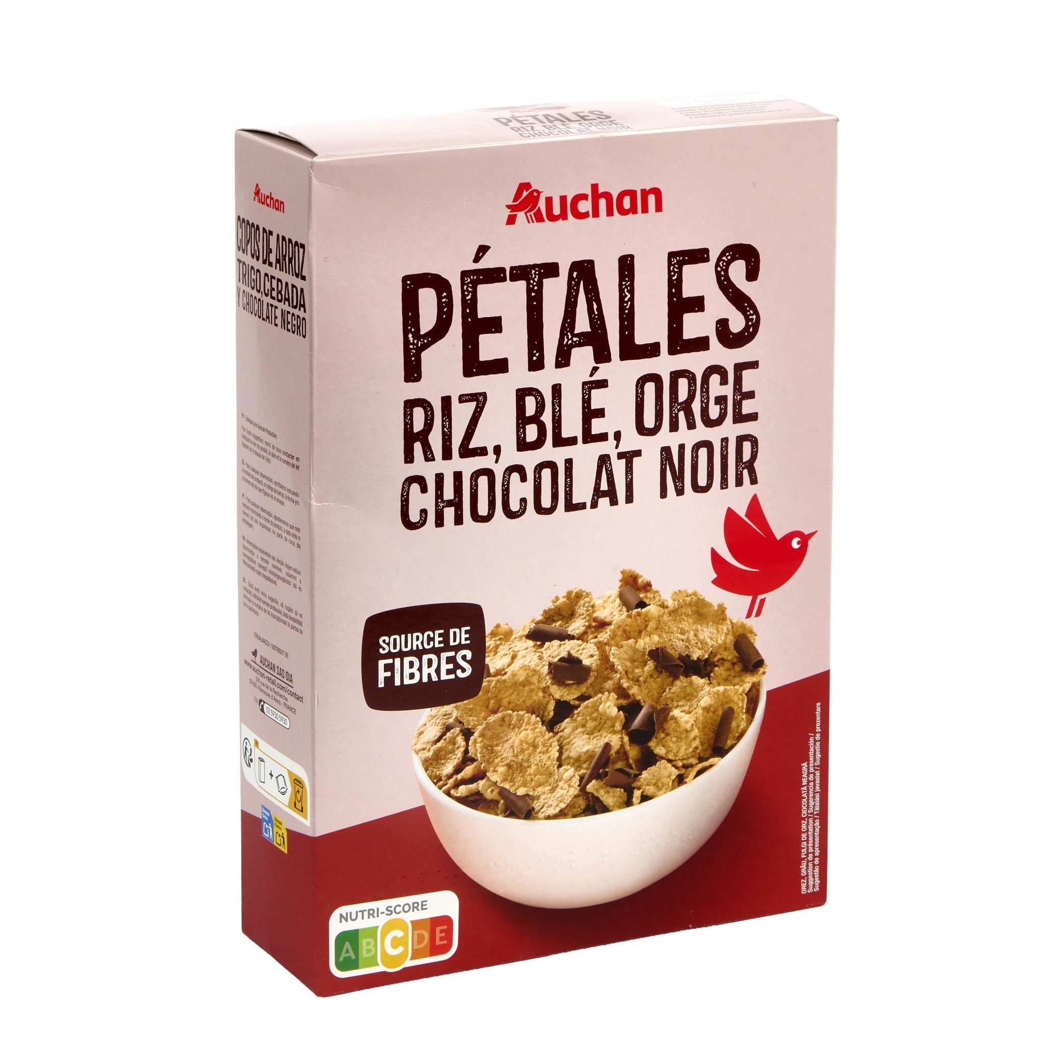 Voir la diapositive 3 : AUCHAN Pétales de riz blé orge chocolat noir 500g