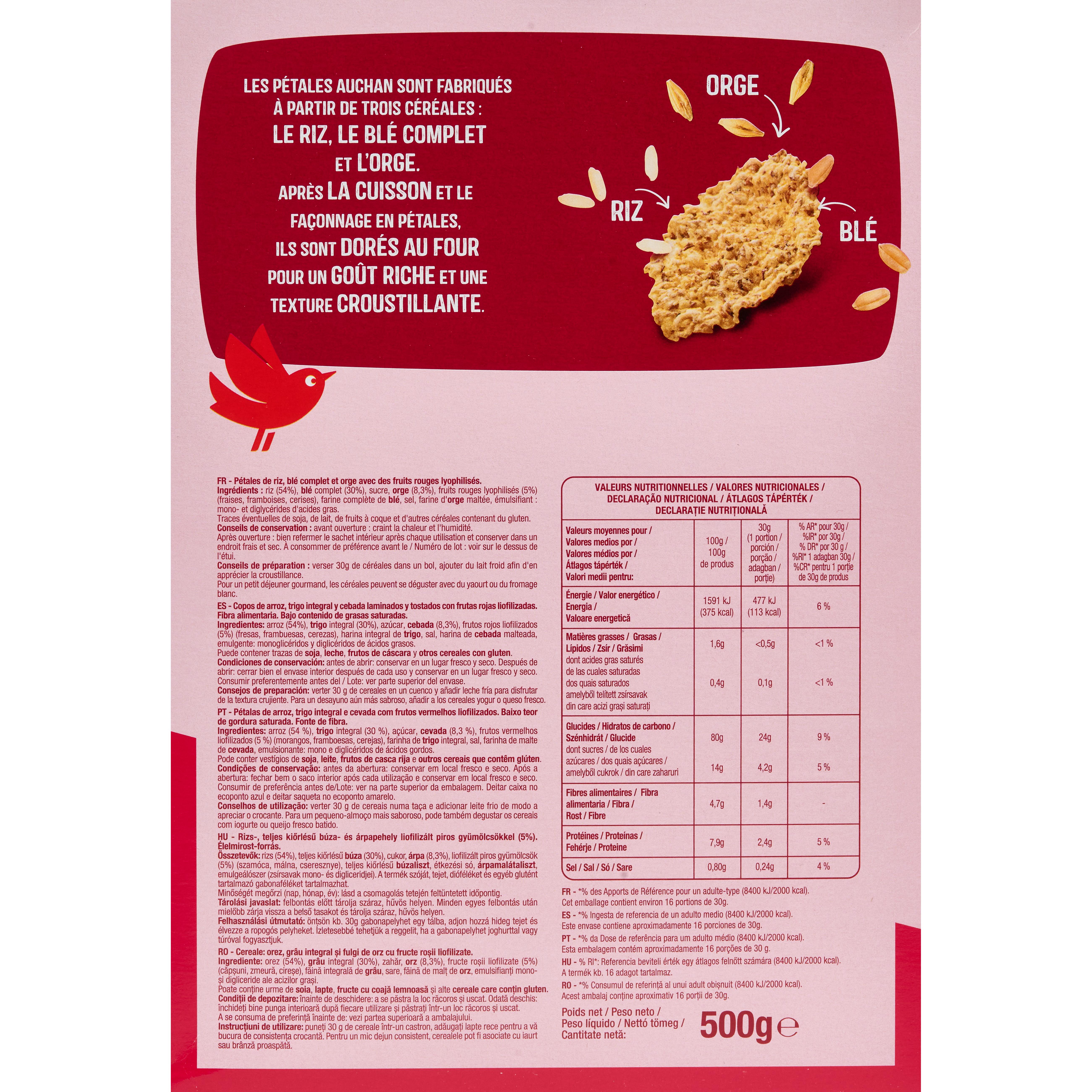 Voir la diapositive 2 : AUCHAN Céréales pétales de riz blé orge et fruits rouges 500g
