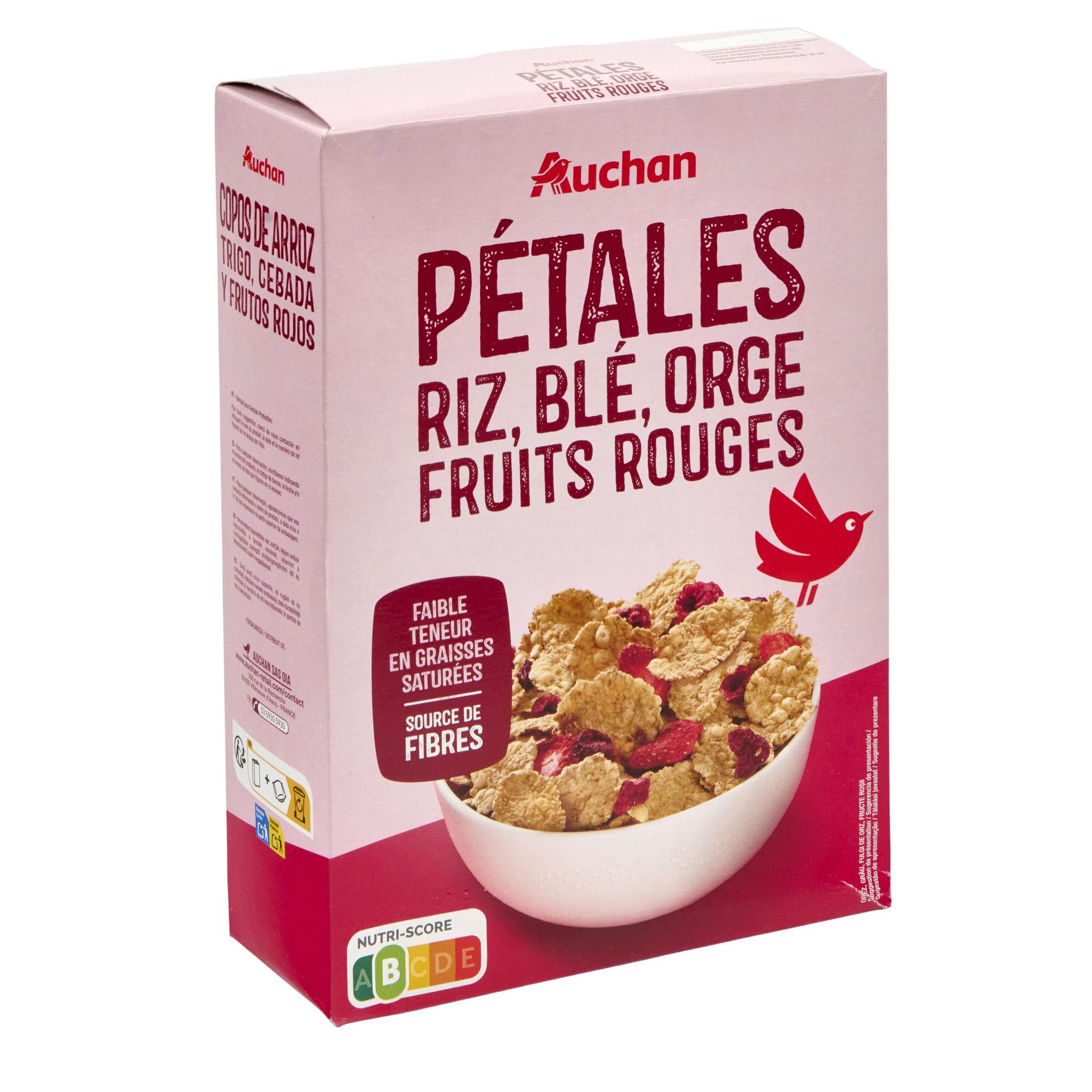 Voir la diapositive 2 : AUCHAN Céréales pétales de riz blé orge et fruits rouges 500g