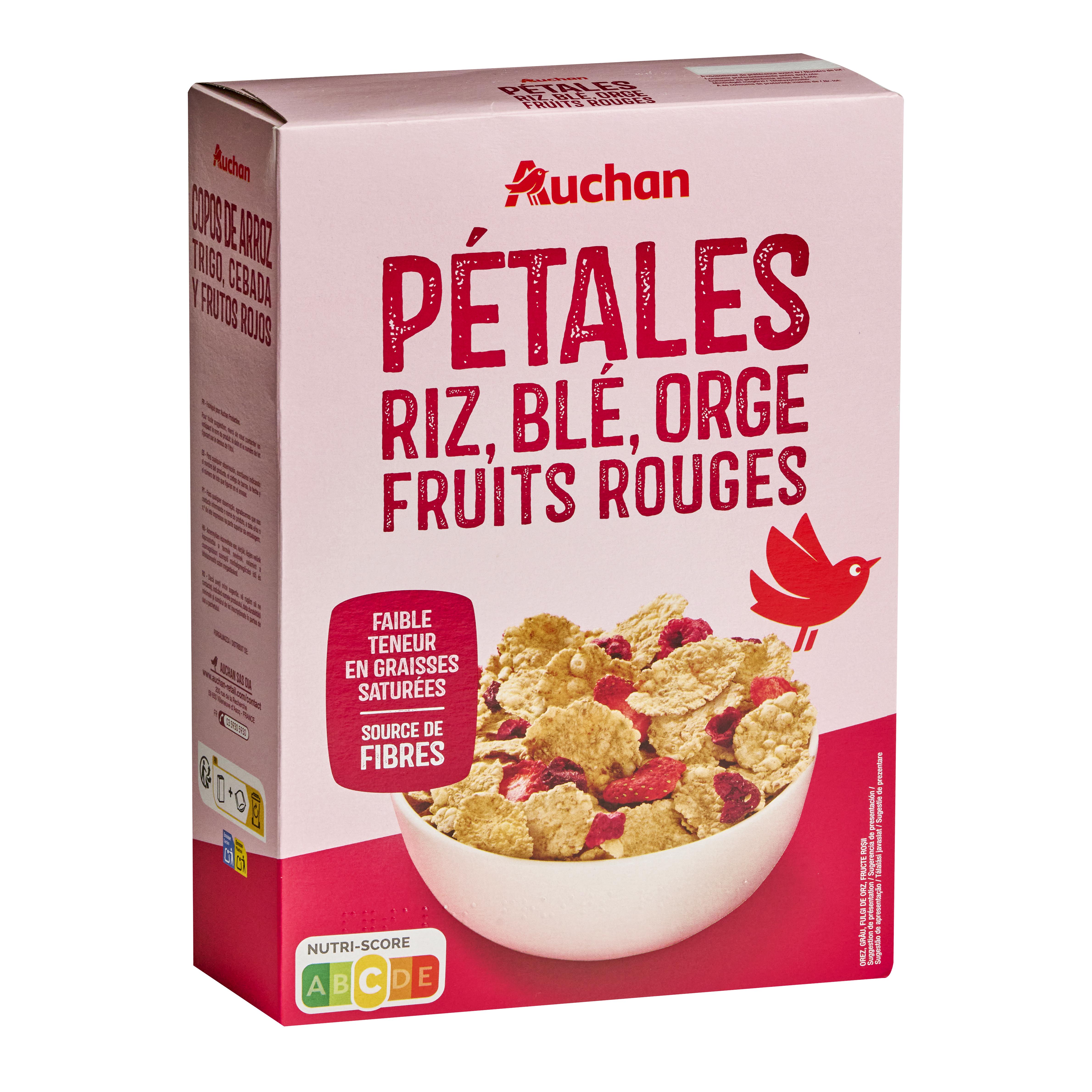 Voir la diapositive 3 : AUCHAN Céréales pétales de riz blé orge et fruits rouges 500g