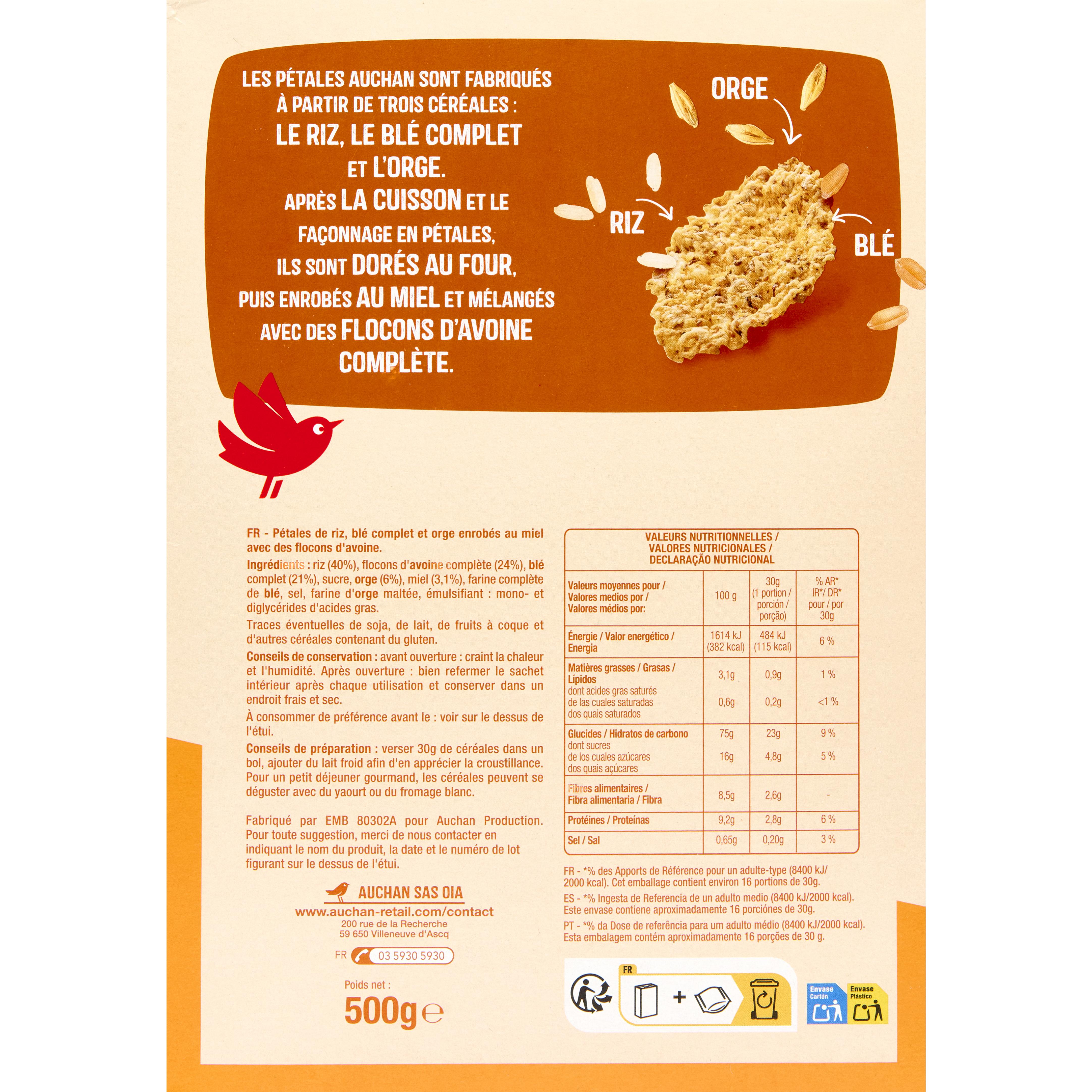 Voir la diapositive 2 : AUCHAN Céréales pétales riz blé orge avoine et miel 500g