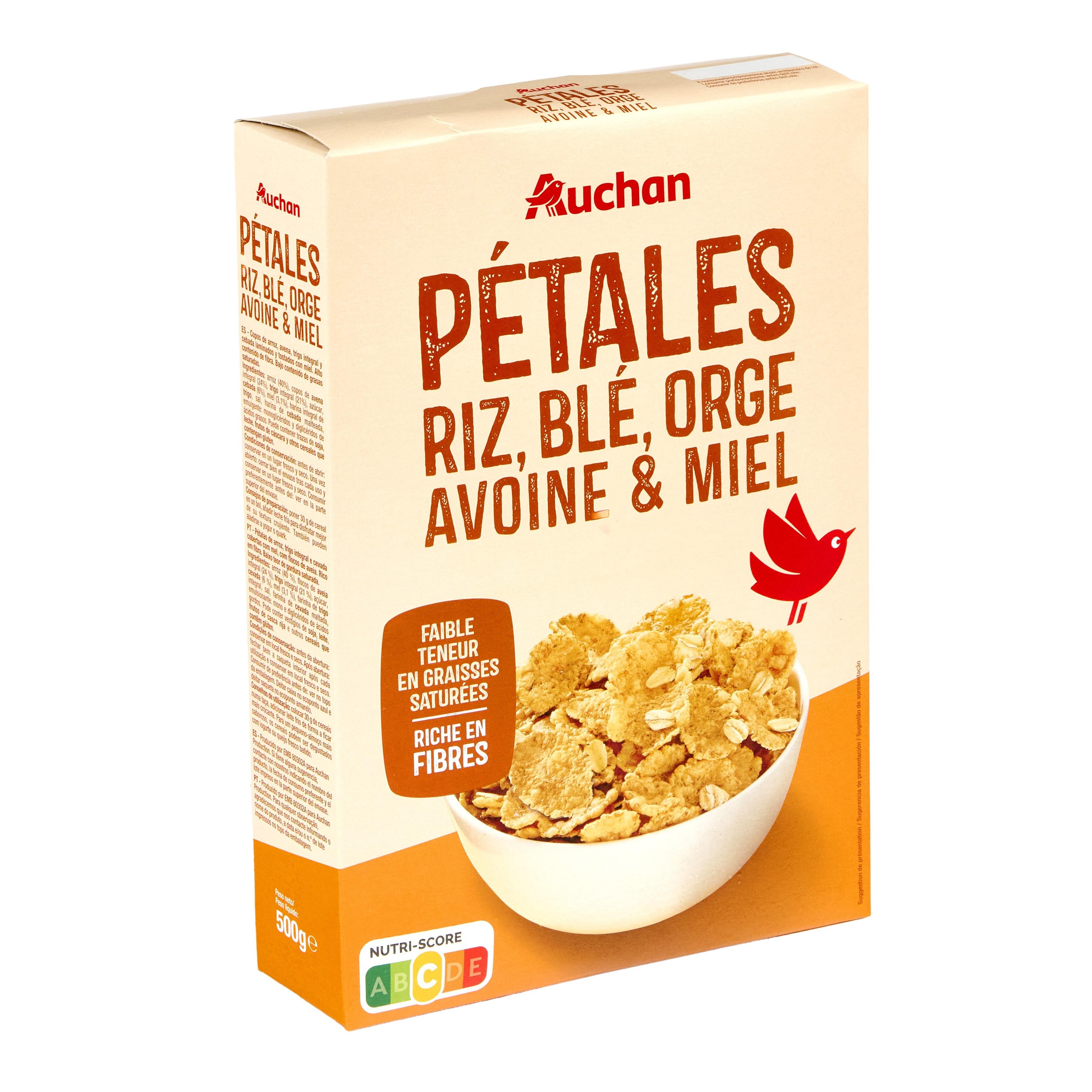 Voir la diapositive 4 : AUCHAN Céréales pétales riz blé orge avoine et miel 500g