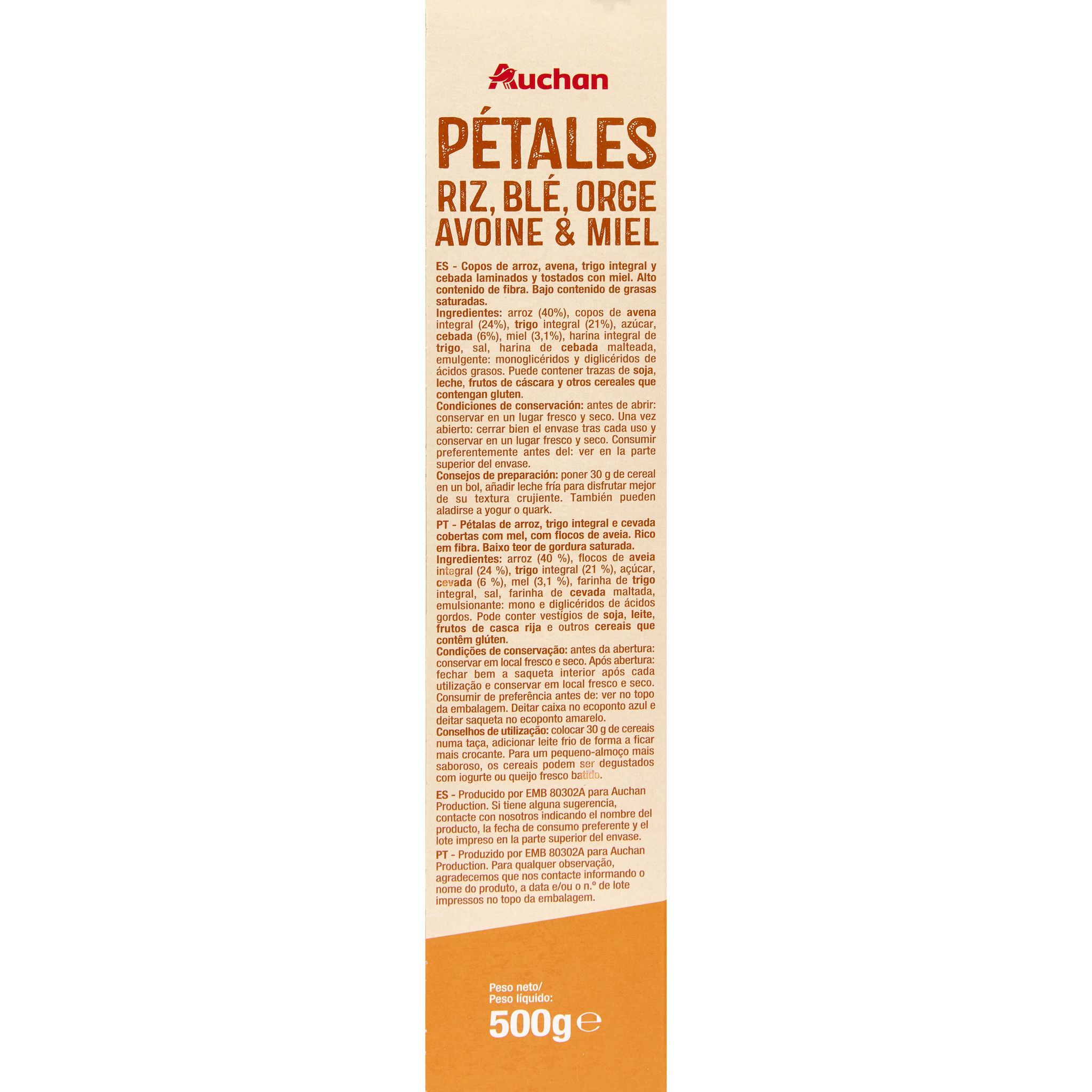 Voir la diapositive 4 : AUCHAN Céréales pétales riz blé orge avoine et miel 500g