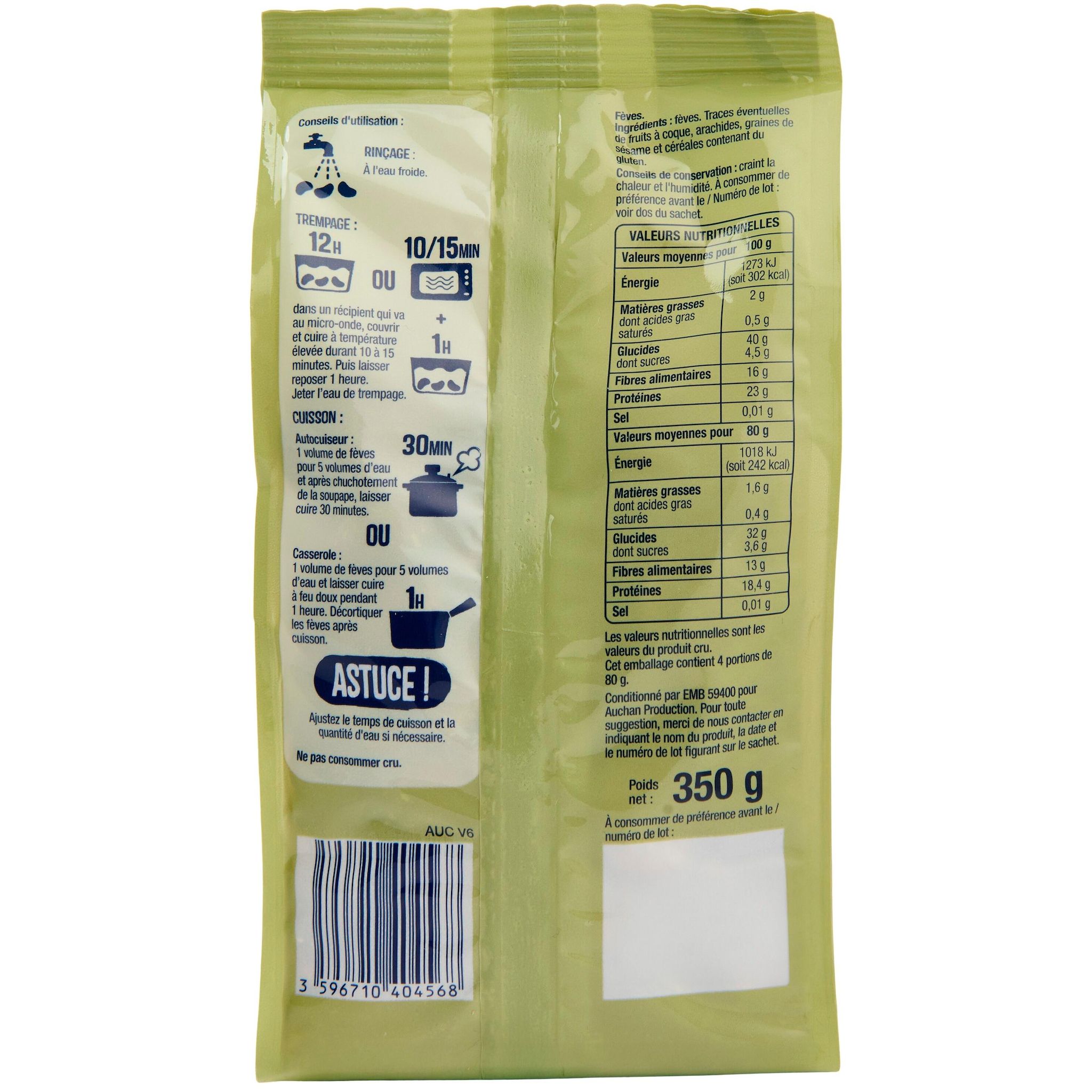 Voir la diapositive 4 : AUCHAN Fèves 4 personnes 350g