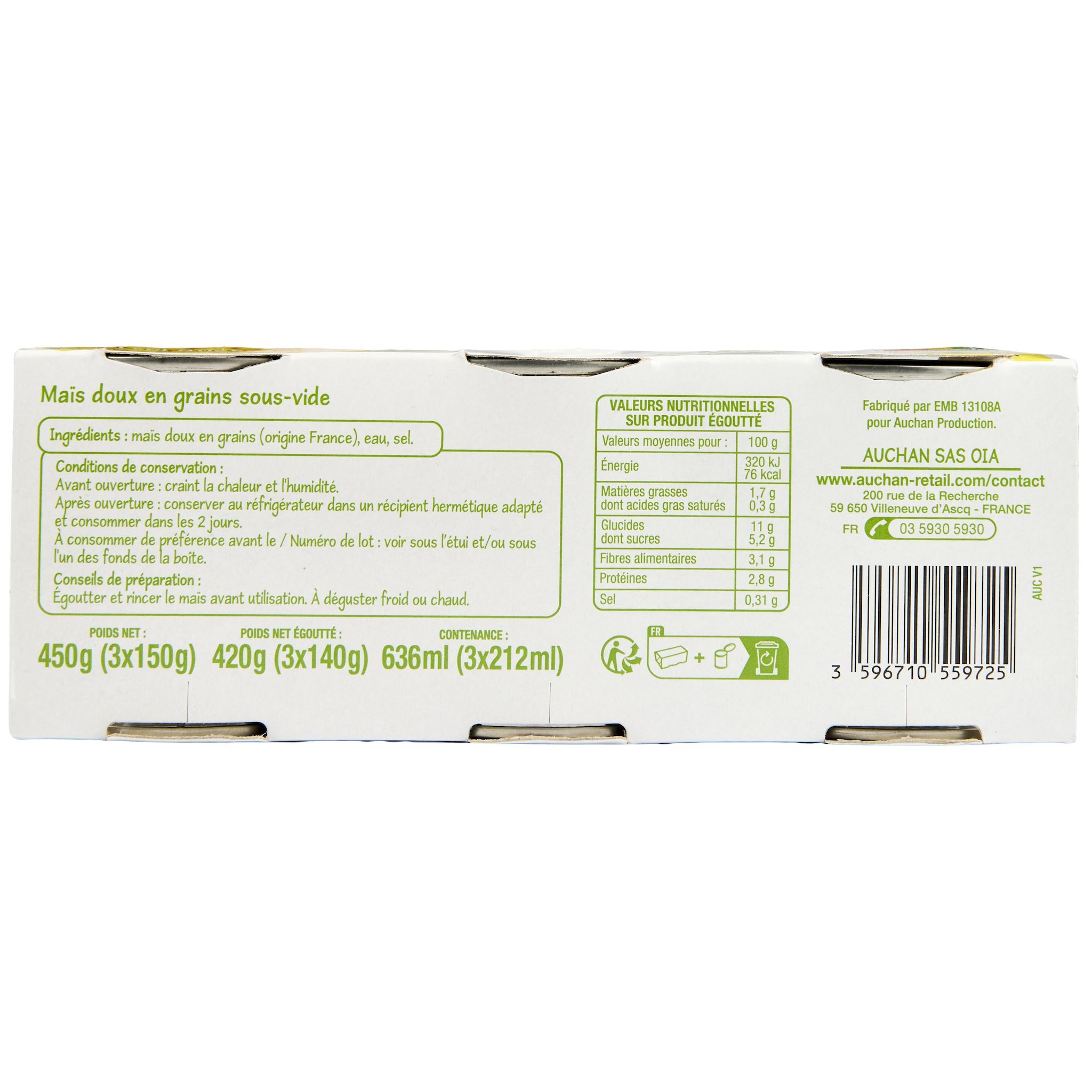 Voir la diapositive 4 : POUCE Maïs en conserve 3 boites 3x140g