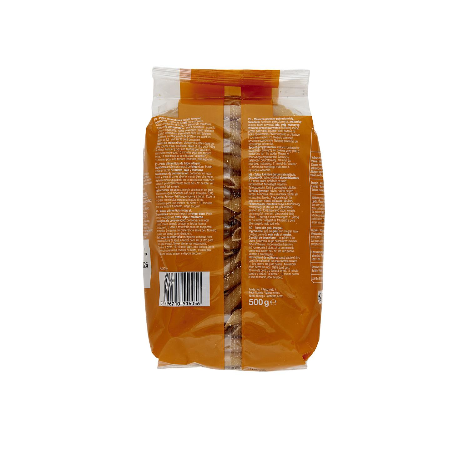 Voir la diapositive 2 : AUCHAN Penne rigate au blé complet 500g