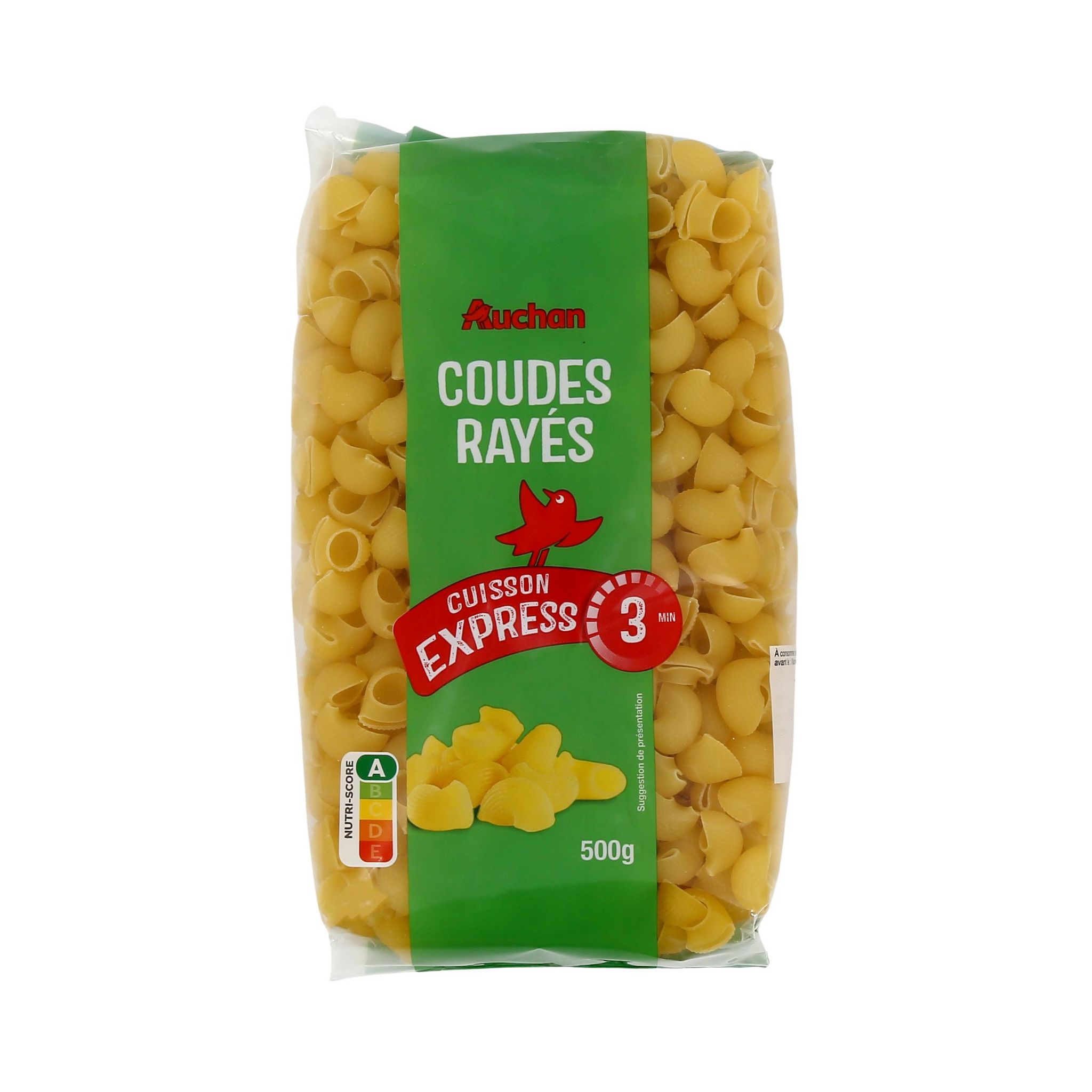 Voir la diapositive 4 : AUCHAN Coudes rayés cuisson rapide 500g
