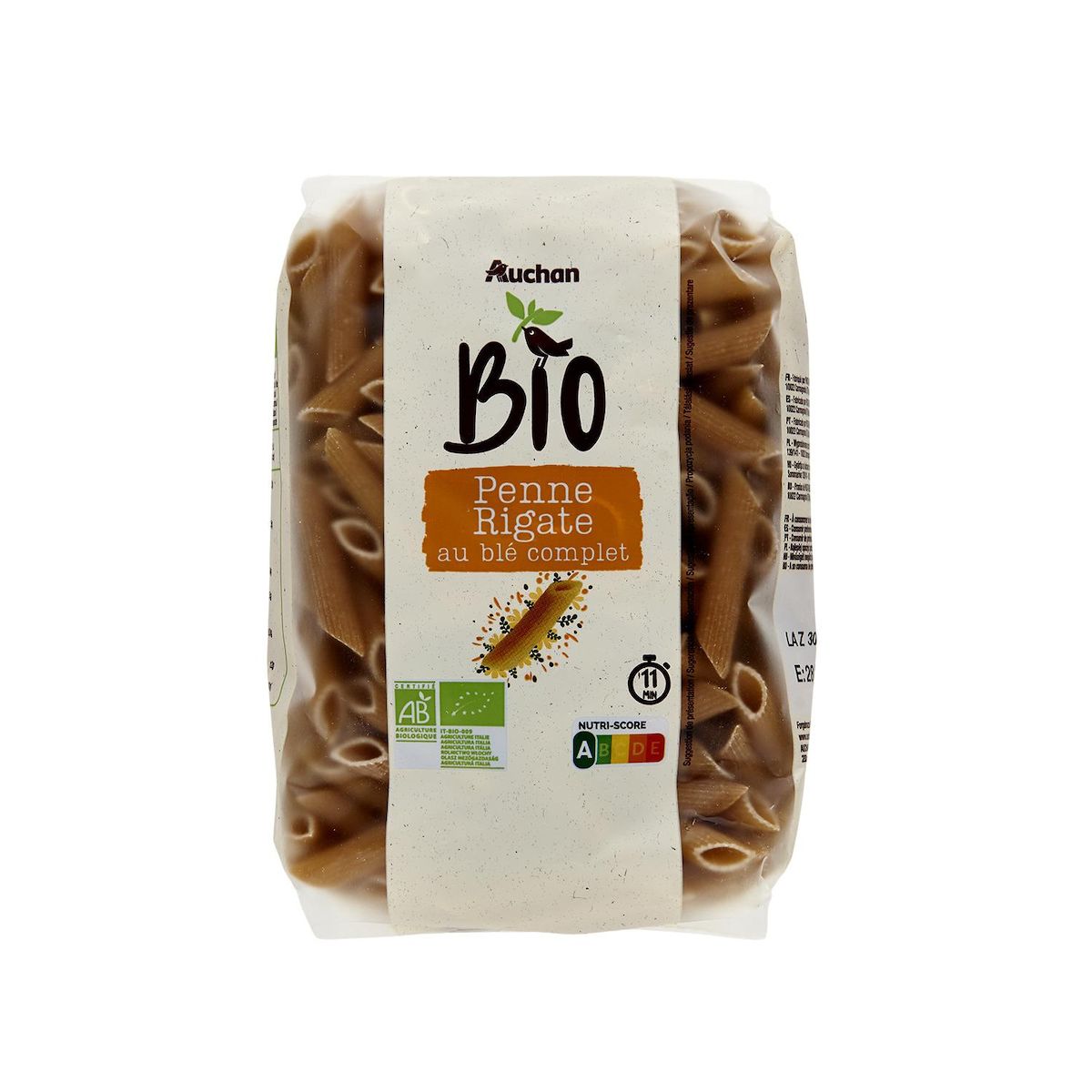 AUCHAN BIO Penne rigate au blé complet 500g