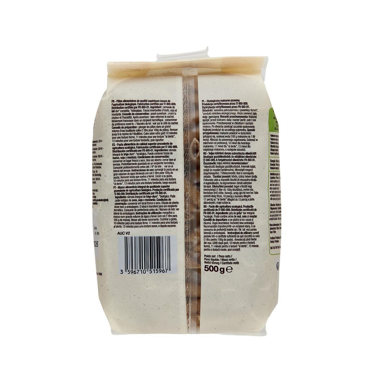 AUCHAN BIO Penne rigate au blé complet 500g