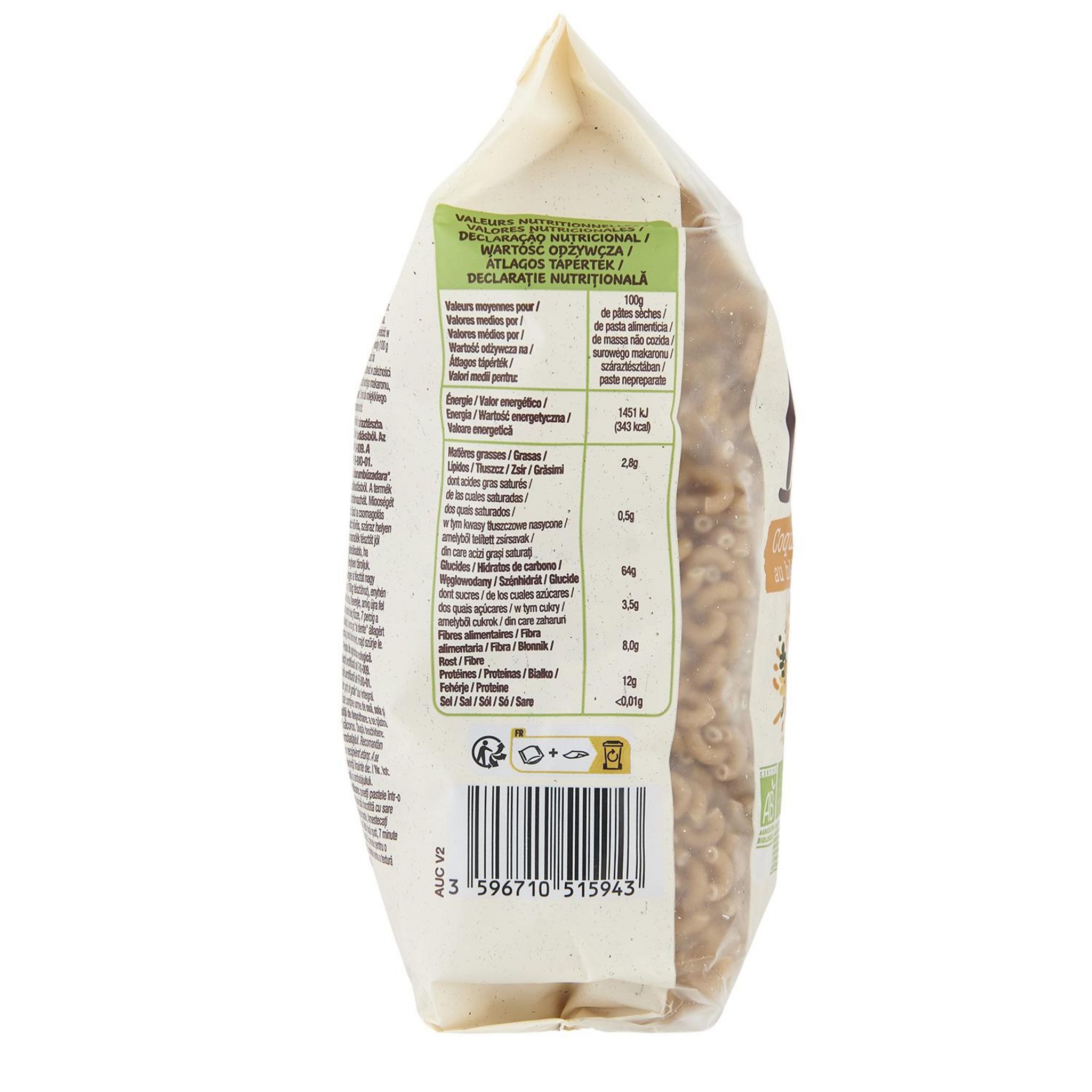 Voir la diapositive 3 : AUCHAN BIO Pâtes Coquillettes au blé complet 500g