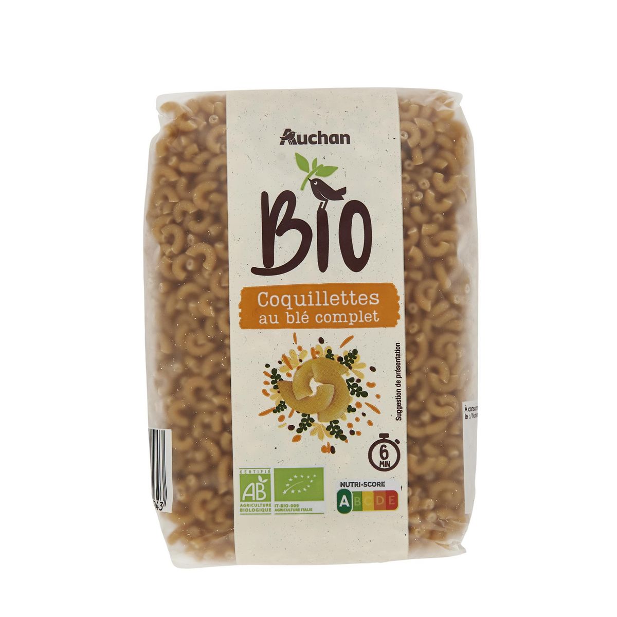 AUCHAN BIO Pâtes Coquillettes au blé complet 500g