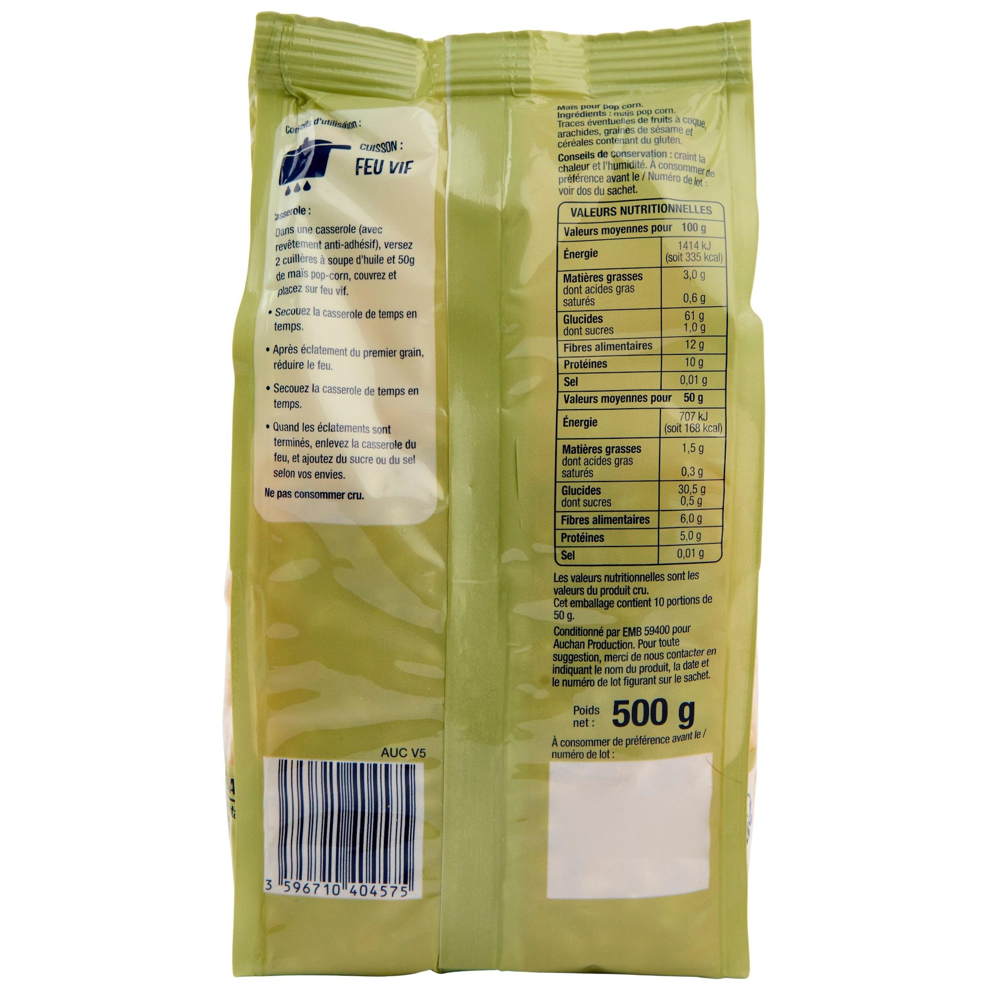 Voir la diapositive 3 : AUCHAN Maïs pour pop corn 10 personnes 500g